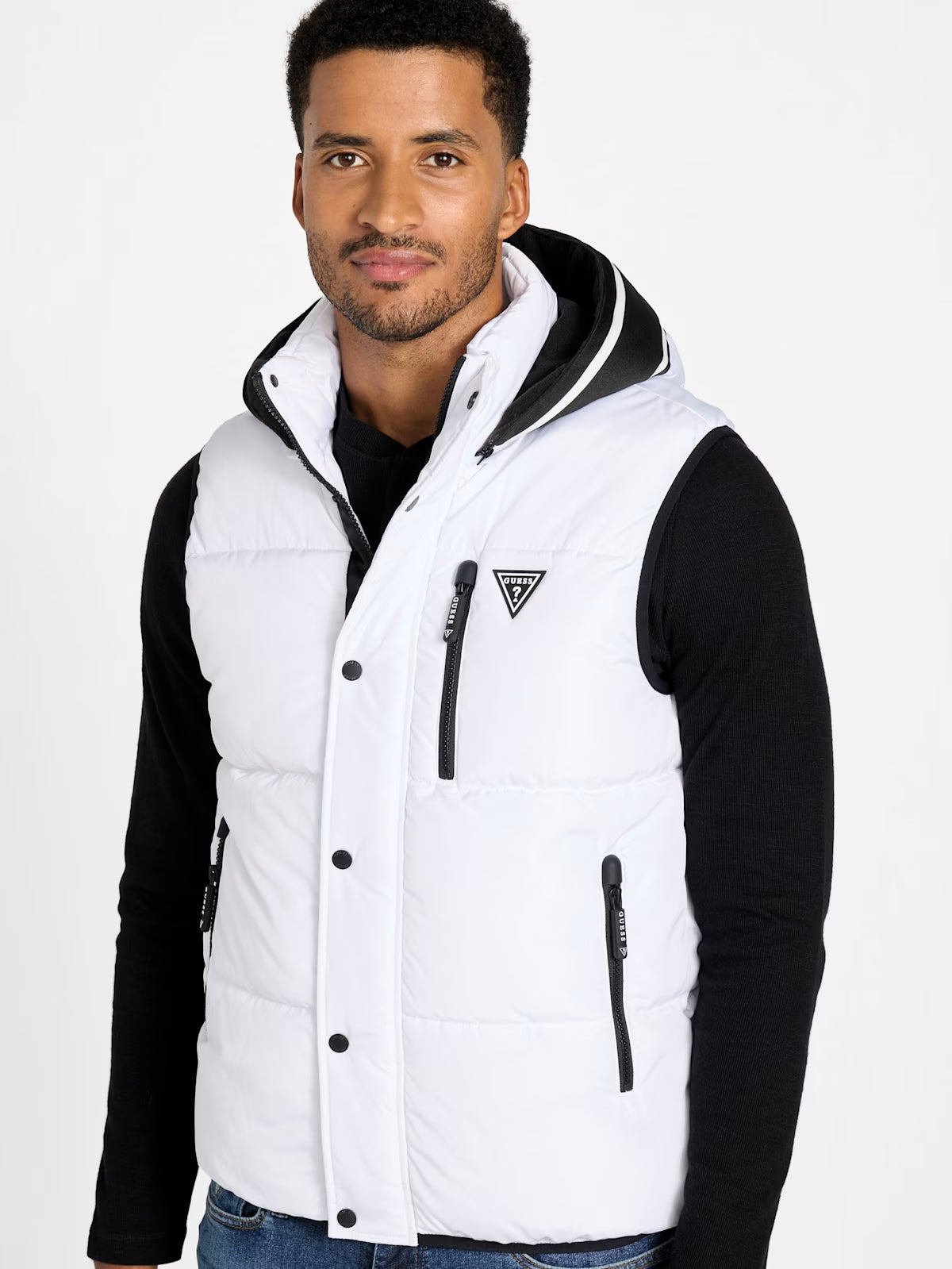 GUESS Mens' Eco Owen Hooded Puffer Vest White