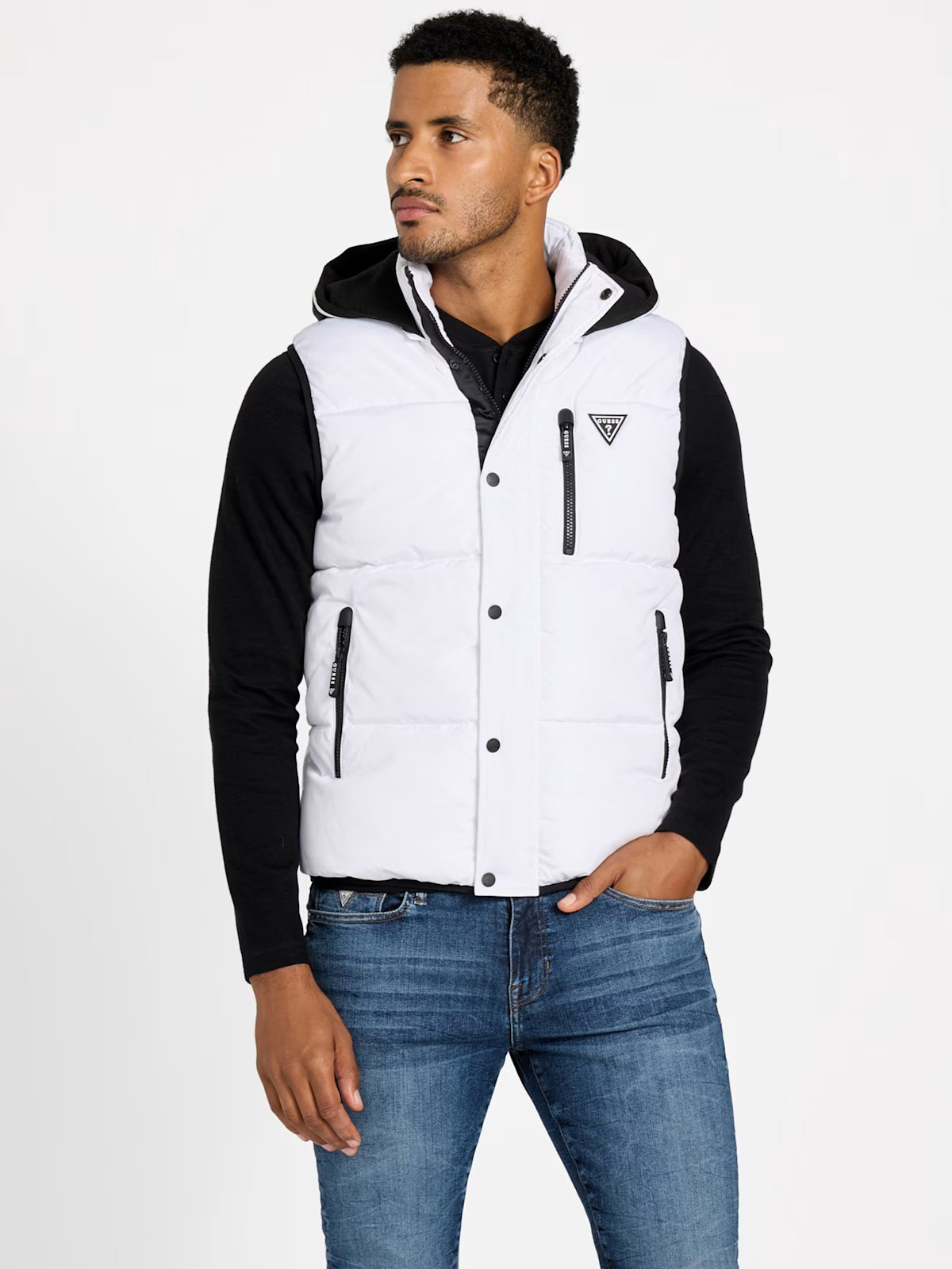 GUESS Mens' Eco Owen Hooded Puffer Vest White