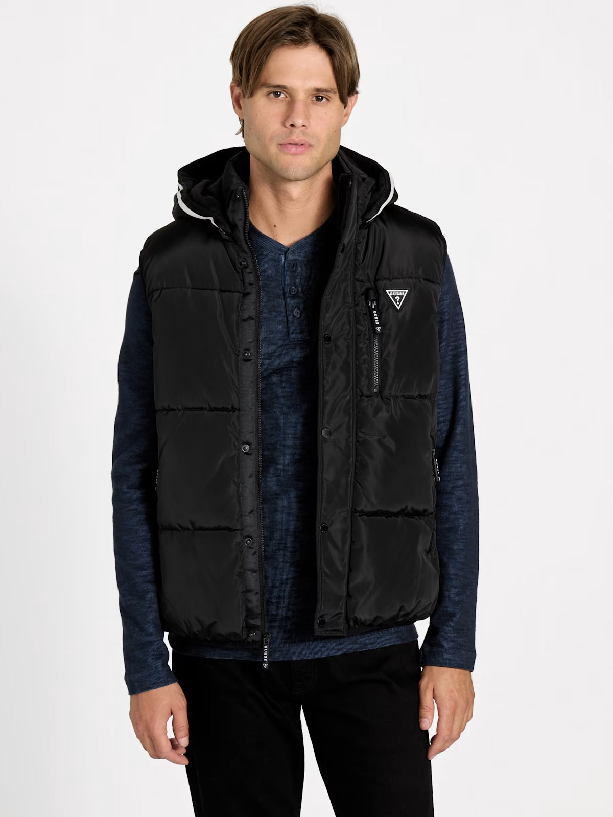 GUESS Mens' Eco Owen Hooded Puffer Vest BLACK