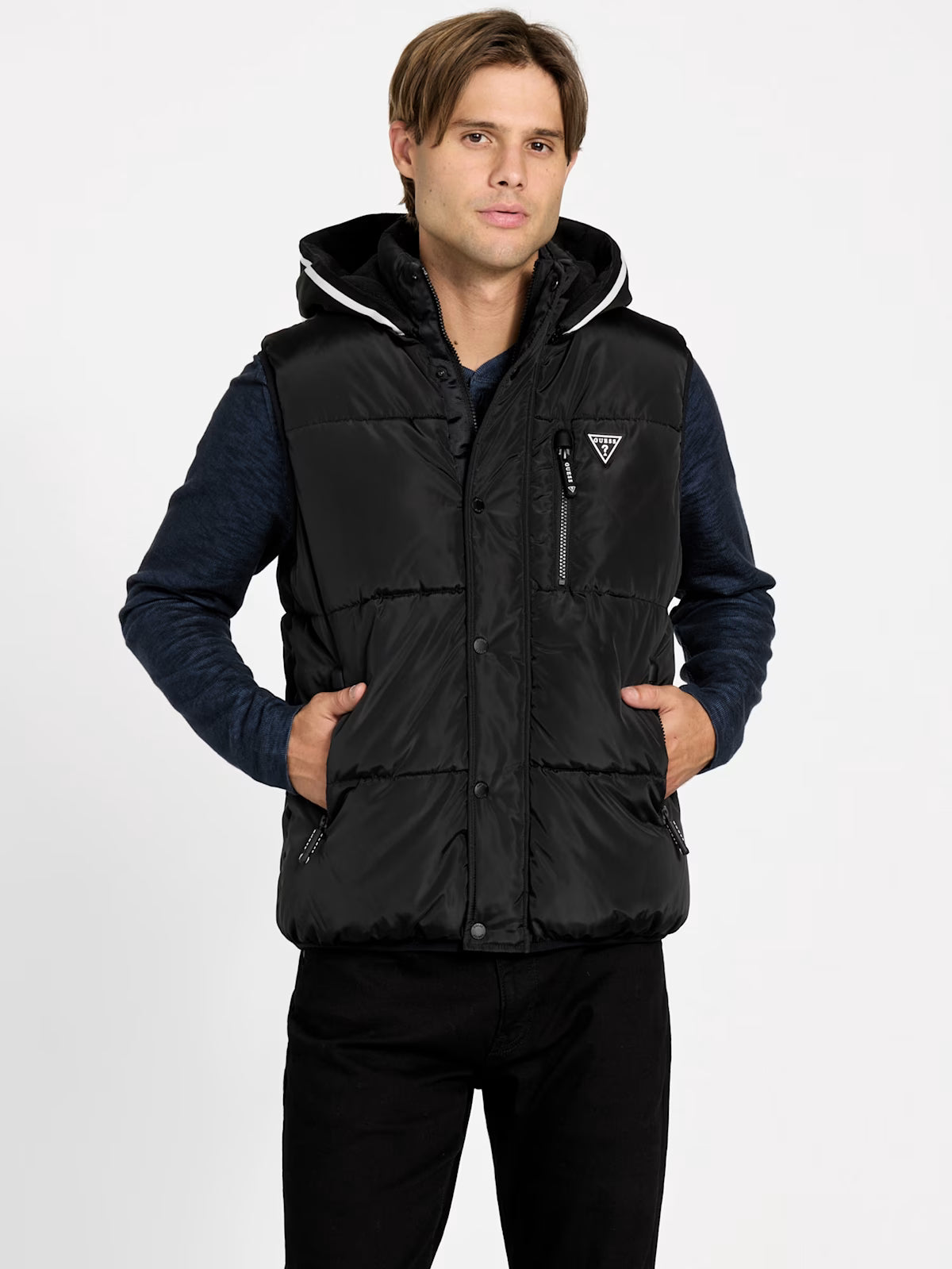 GUESS Mens' Eco Owen Hooded Puffer Vest BLACK