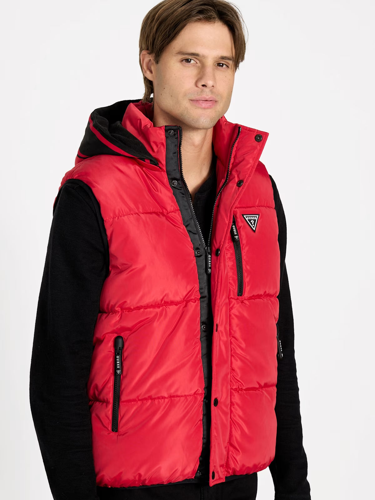 GUESS Mens' Eco Owen Hooded Puffer Vest RED