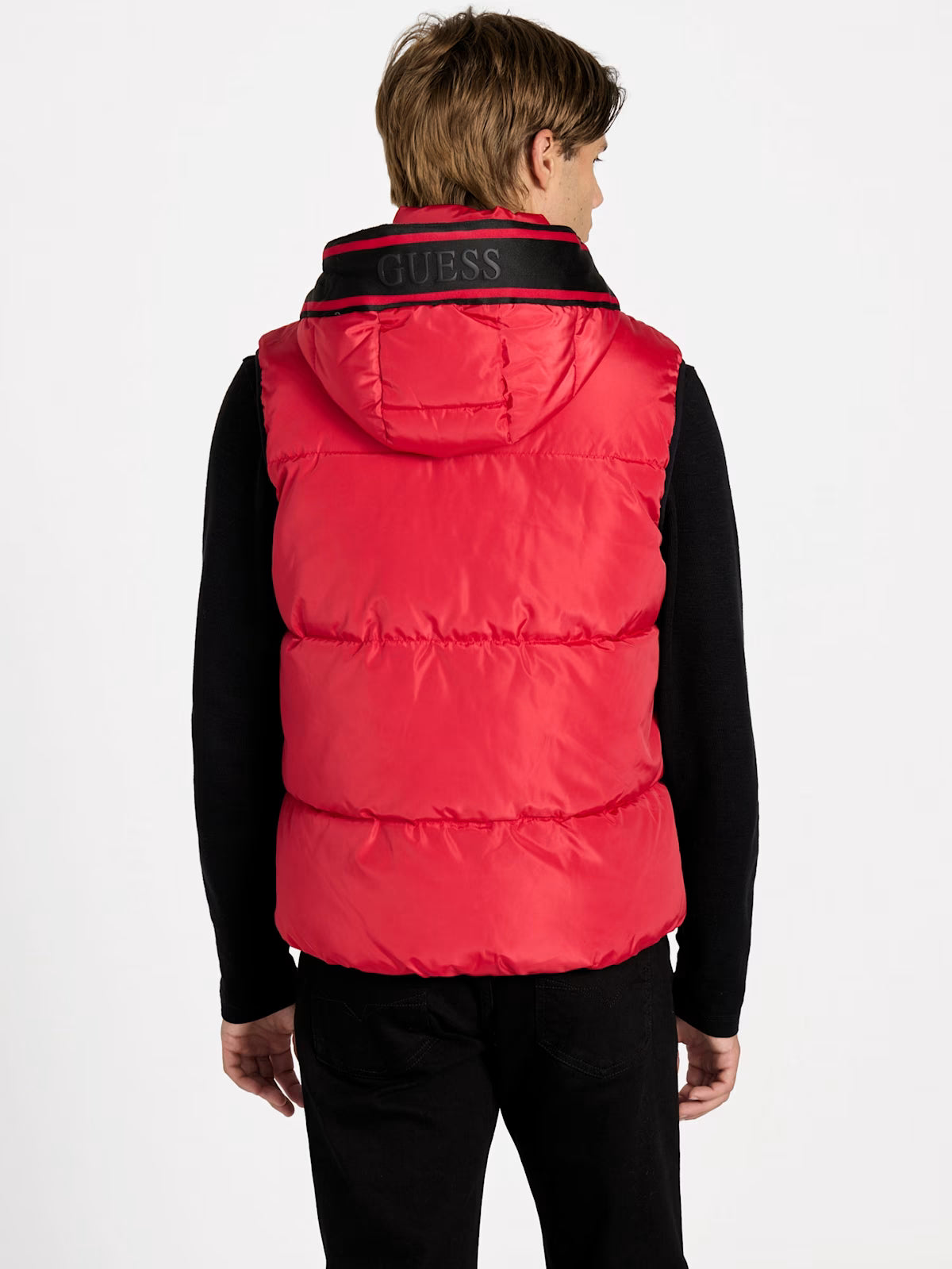 GUESS Mens' Eco Owen Hooded Puffer Vest RED
