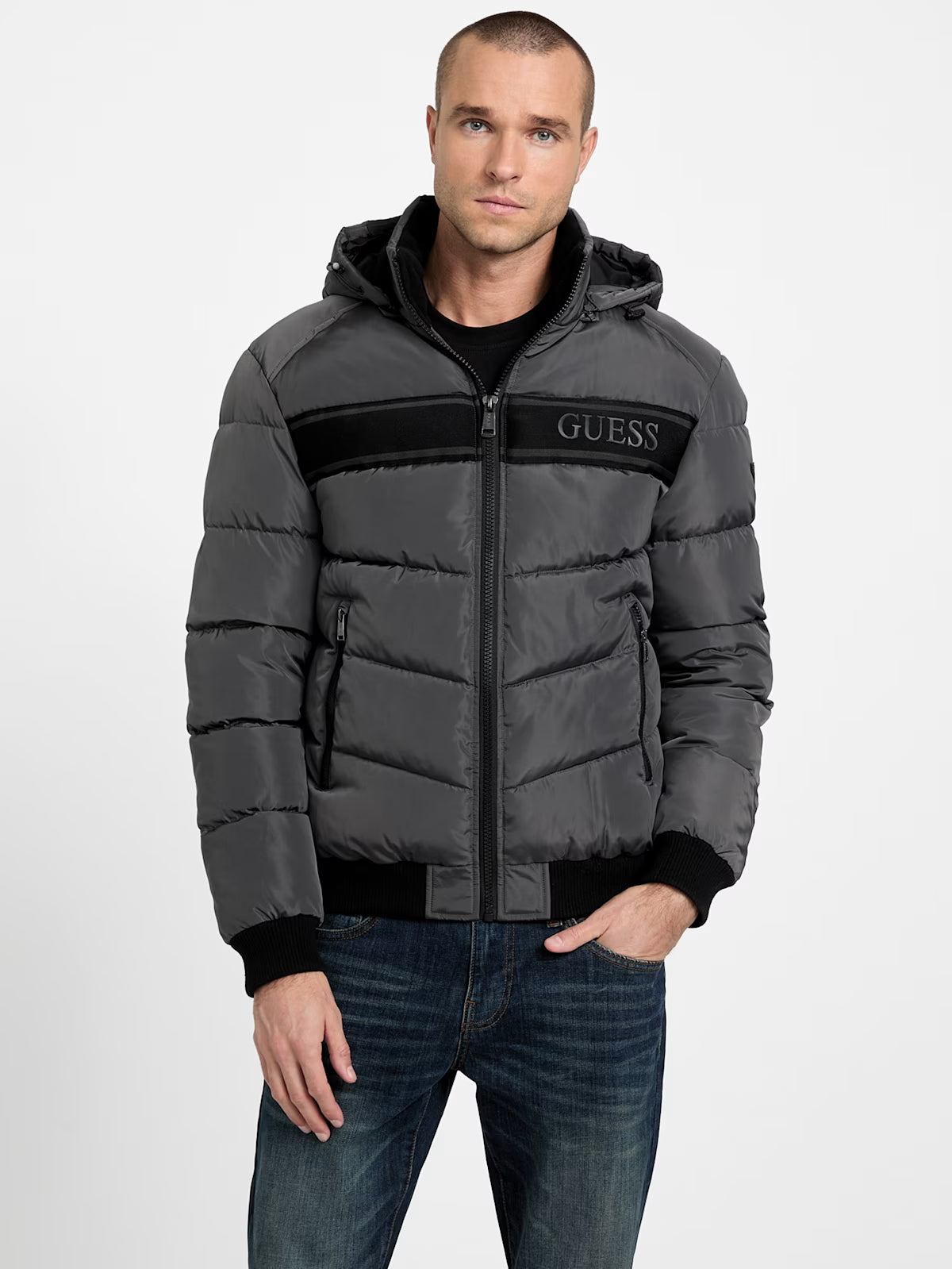 GUESS Mens' Eco Pietros Padded Hooded Jacket Gray