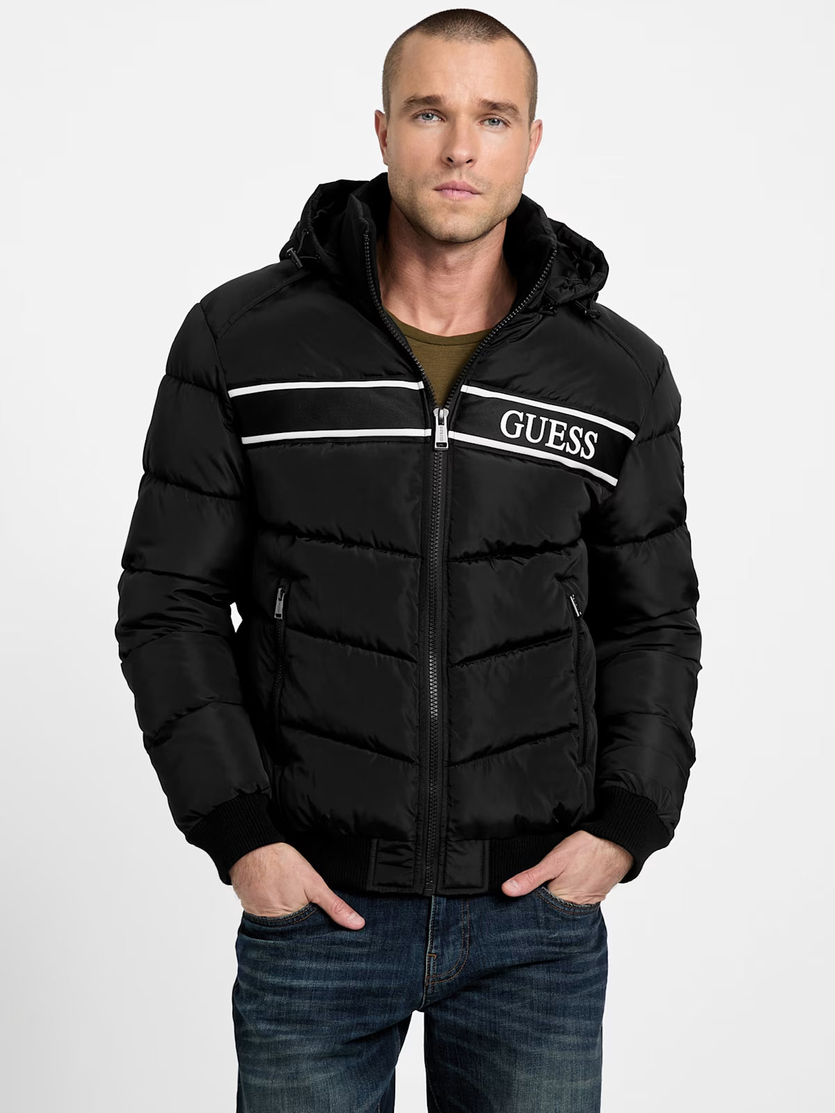 GUESS Mens' Eco Pietros Padded Hooded Jacket Black