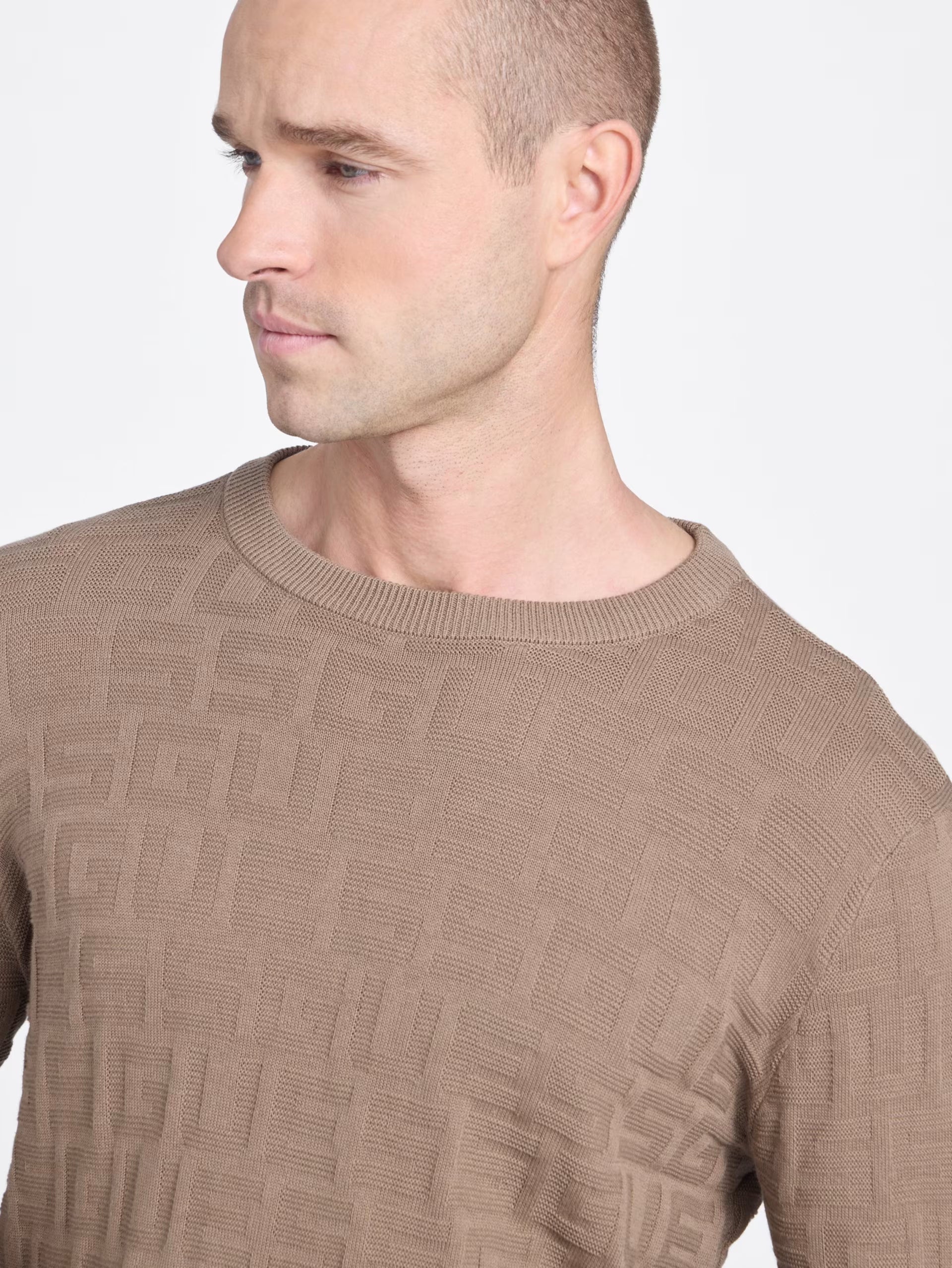 Guess MENS' Eco Pedro Textured Logo Sweater Beige