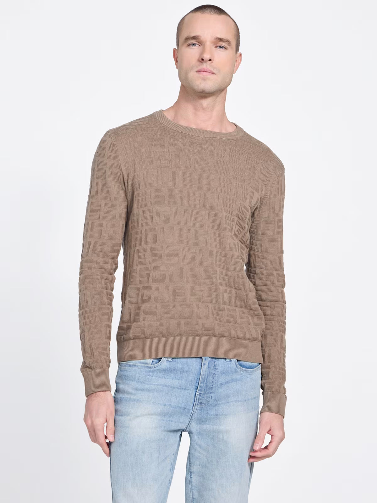 Guess MENS' Eco Pedro Textured Logo Sweater Beige