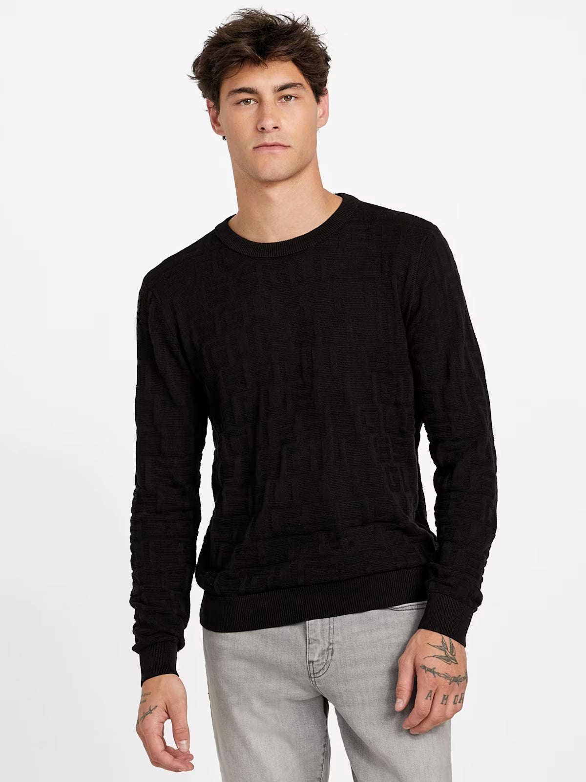 Guess MENS' Eco Pedro Textured Logo Sweater Black