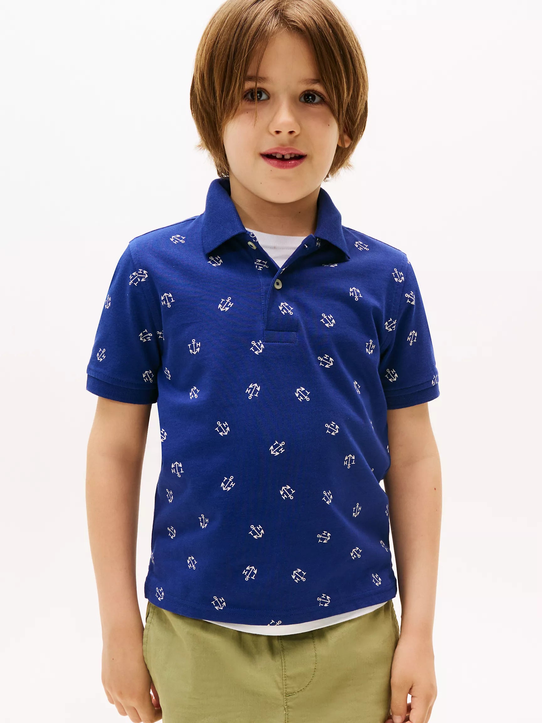 Tommy Boys' Allover Anchor Print Stretch Polo/Blue Ink