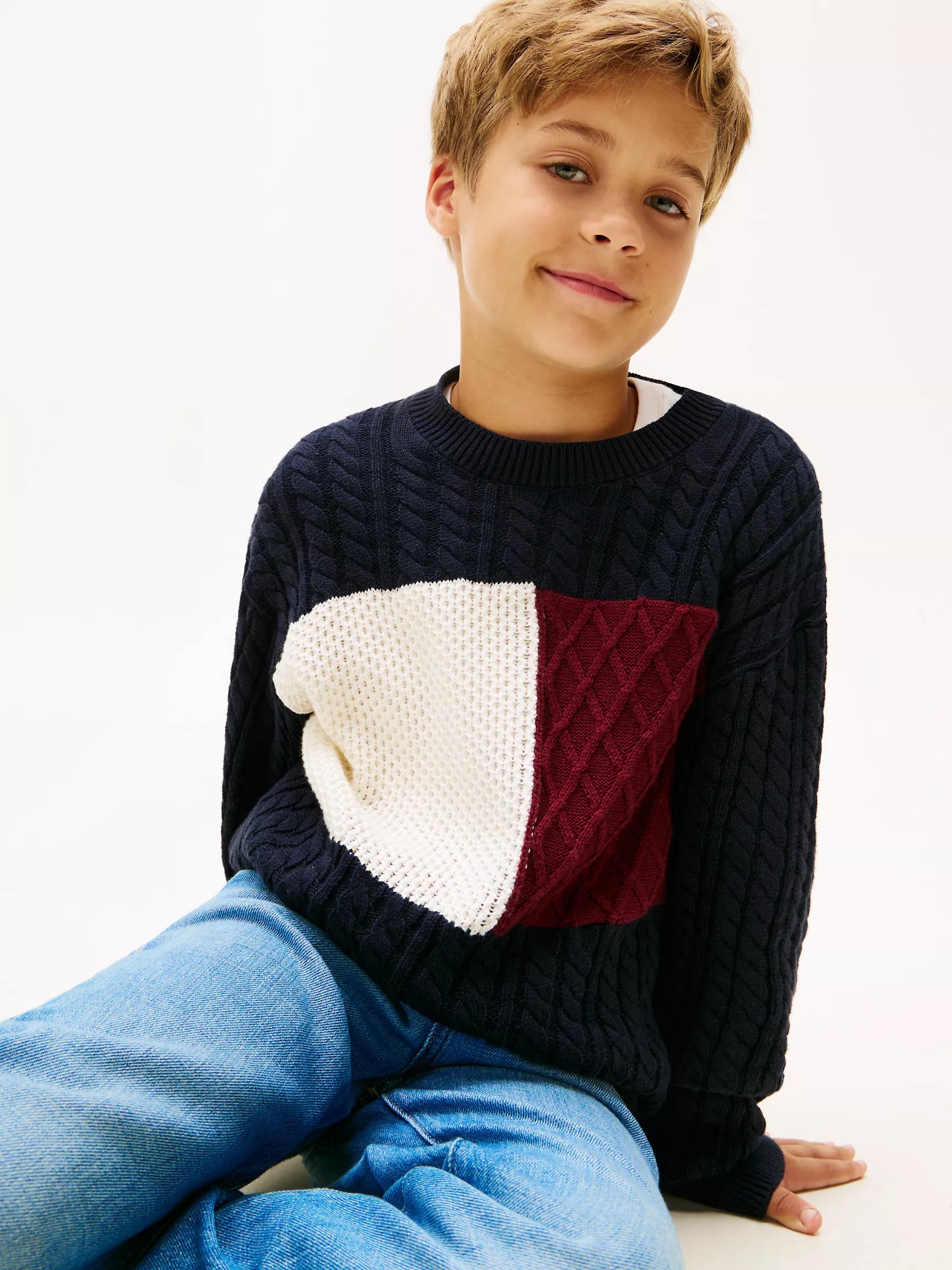 Boys Tommy Flag Logo Cable Knit Sweater