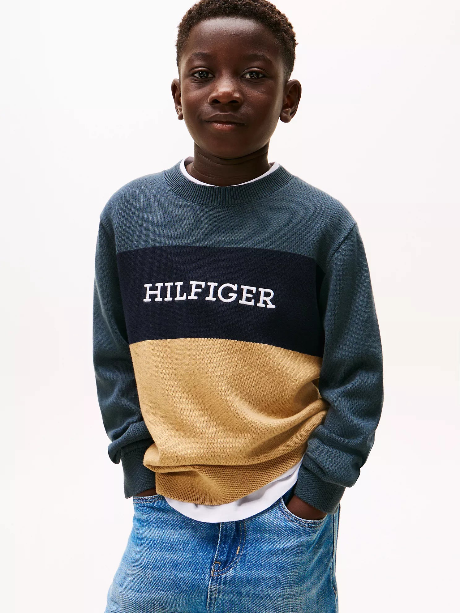 BOY Tommy Colorblock Logo Crewneck Sweater Military Denim