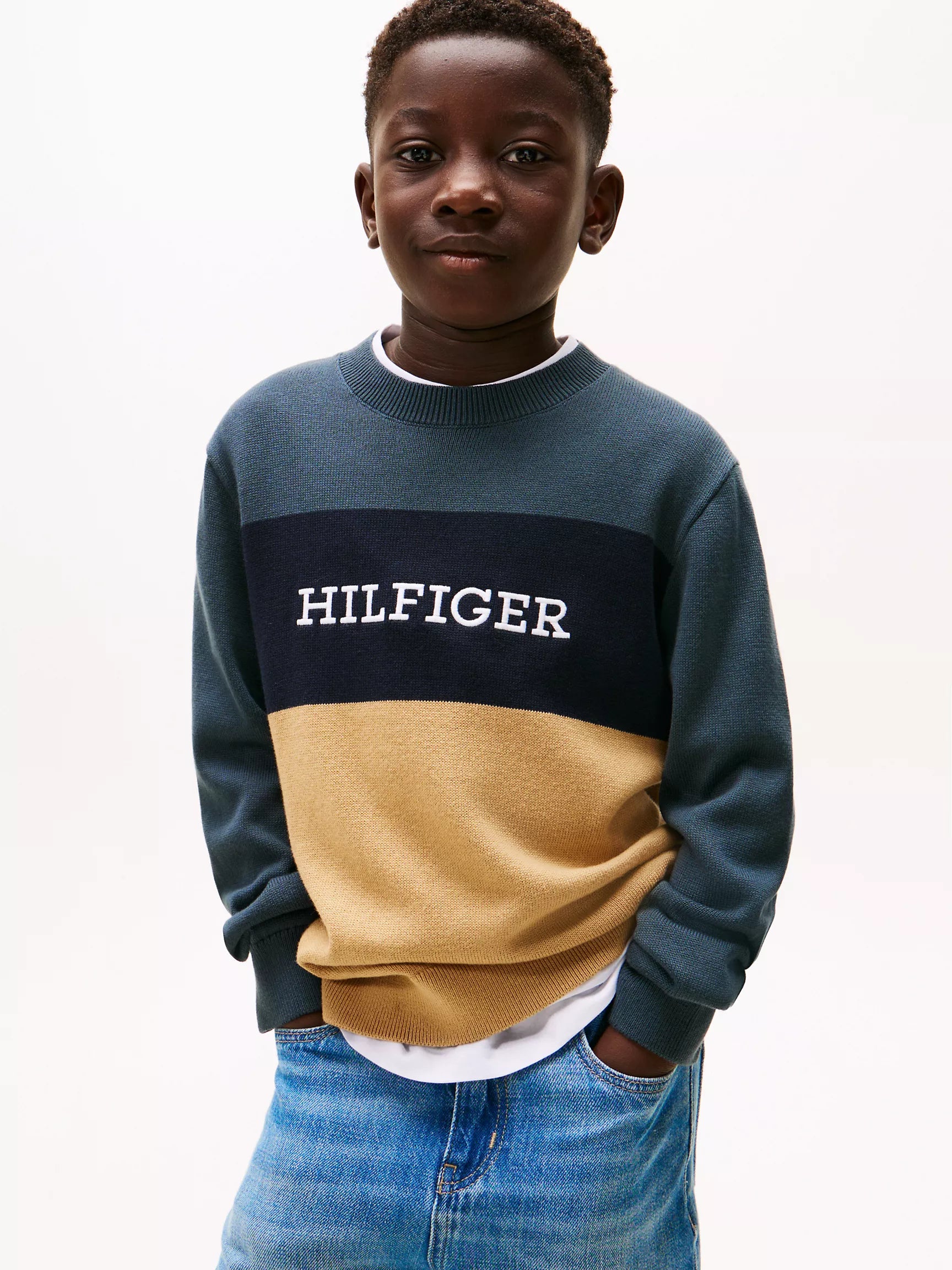 Boys' Tommy Colorblock Logo Crewneck Sweater Military Denim