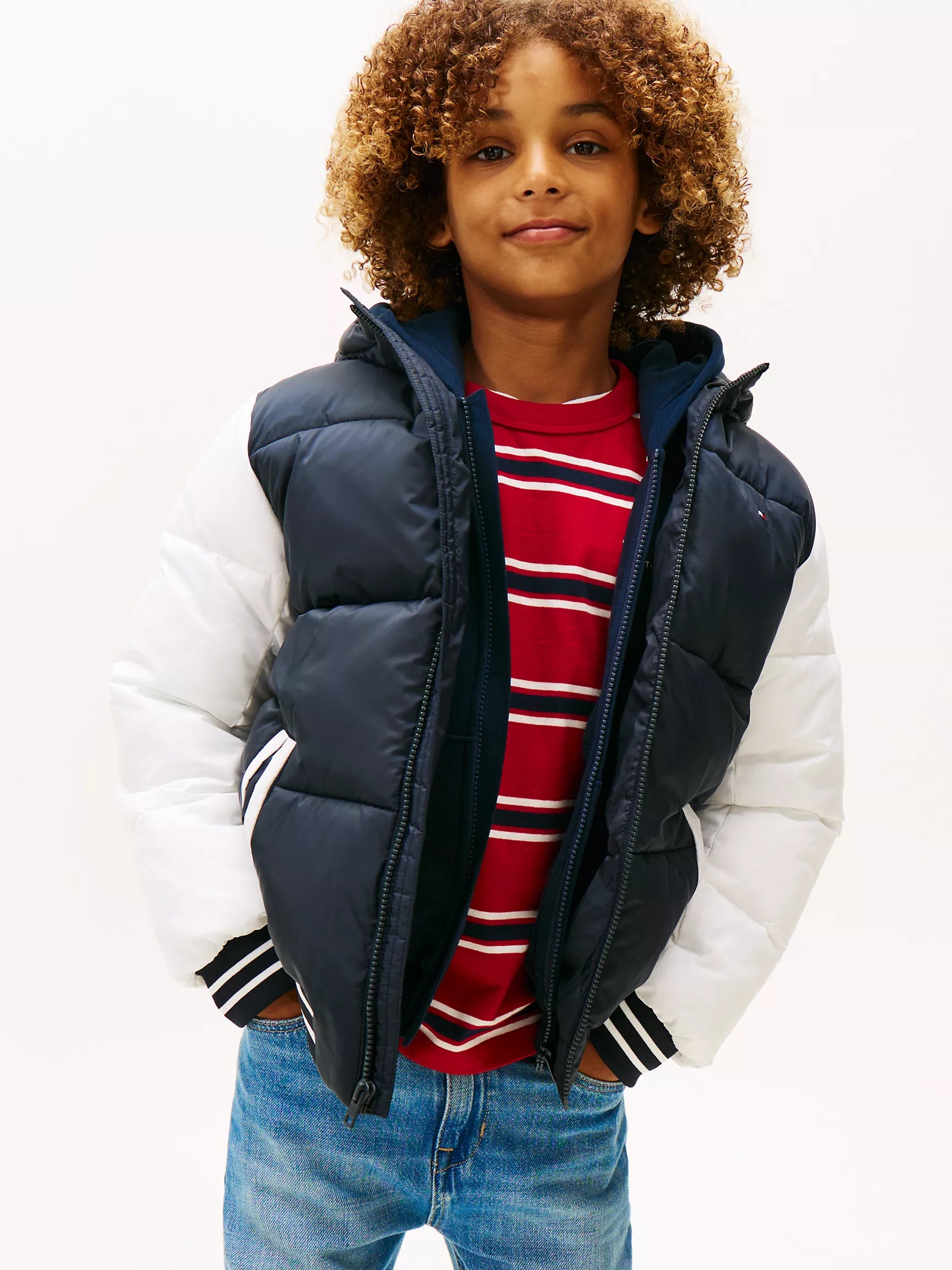 TOMMY Boys' Hooded Colorblock Puffer Jacket Navy Blue