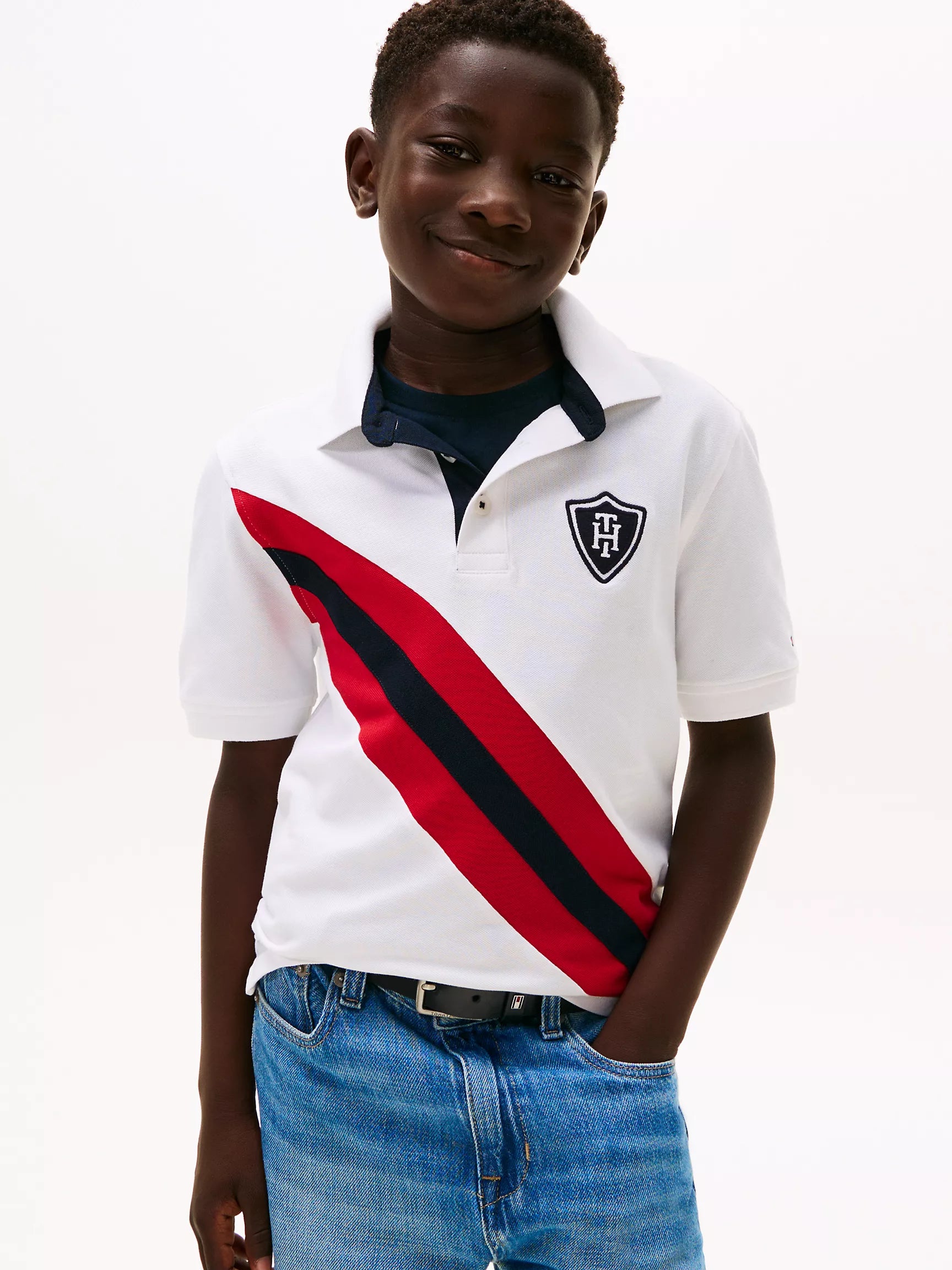 Boys Tommy Banner Stripe Polo Shirt/ White