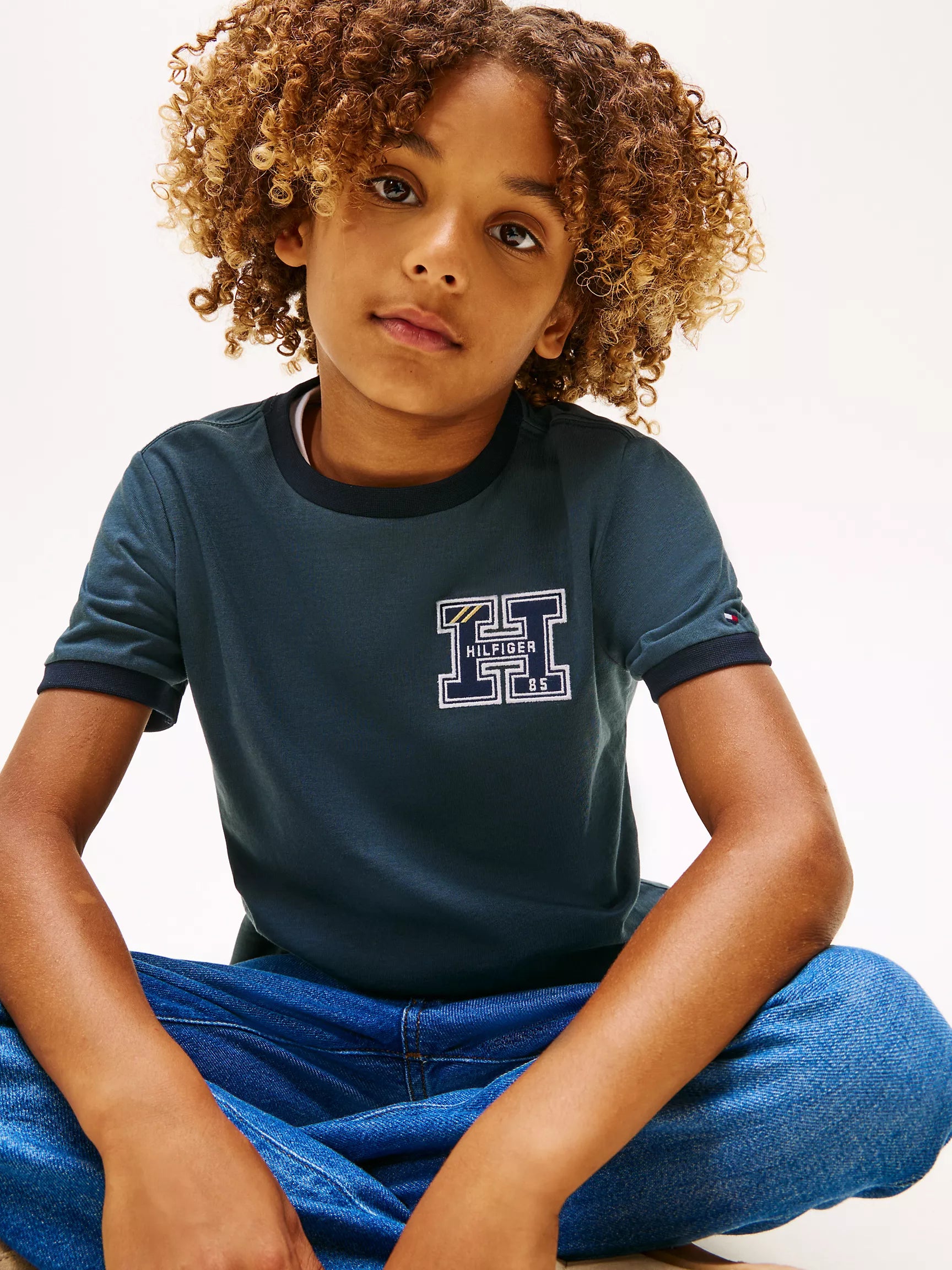 Tommy Boys' Hilfiger H Logo Letterman T-Shirt/Military Denim