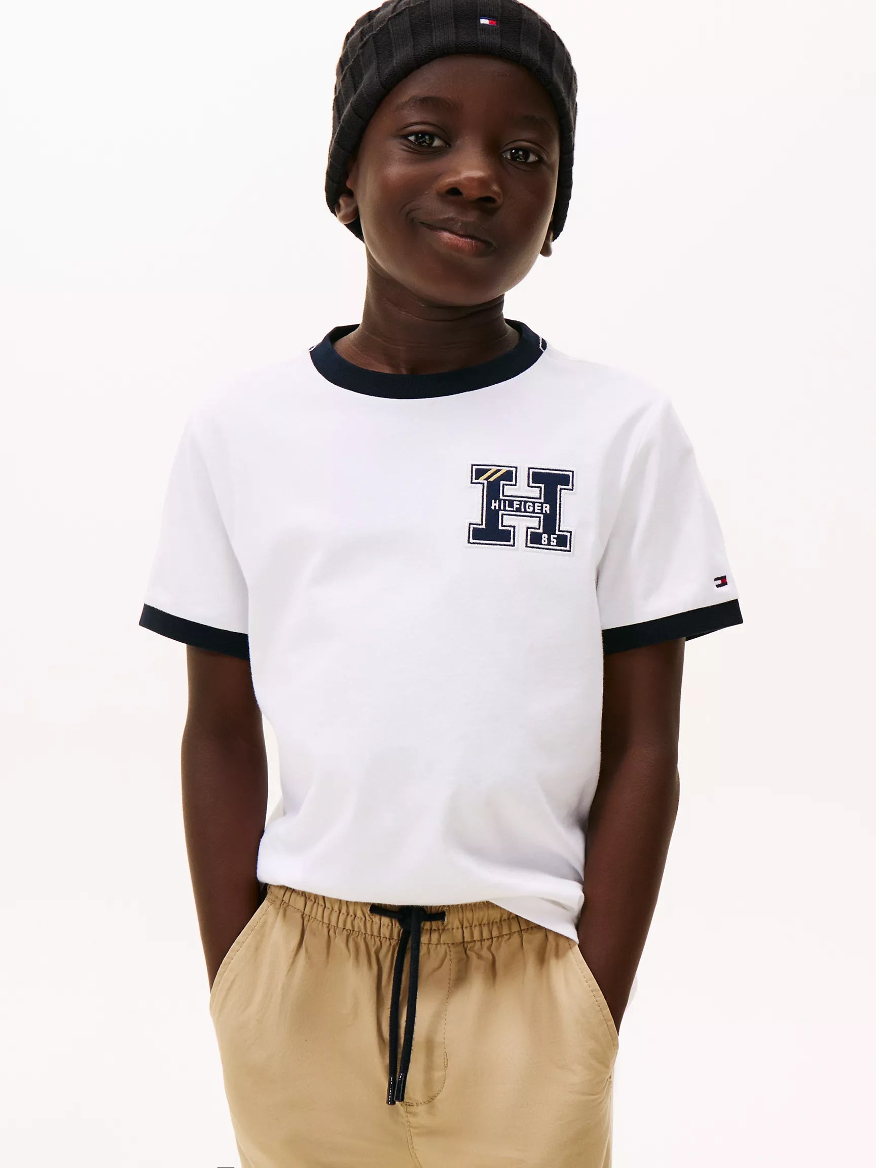 Tommy Boys' Hilfiger H Logo Letterman T-Shirt/ Optic White