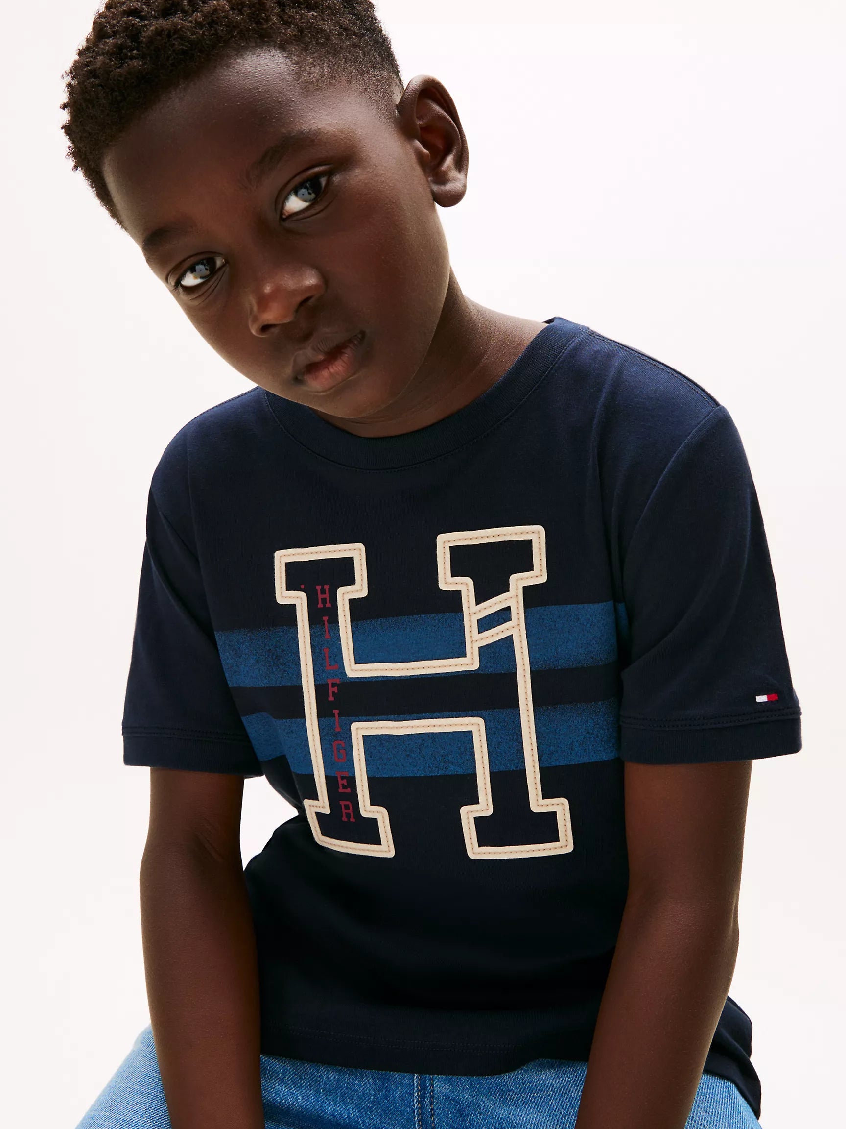 Tommy Boys' Hilfiger Stripe H Logo T-Shirt/Navy Blue