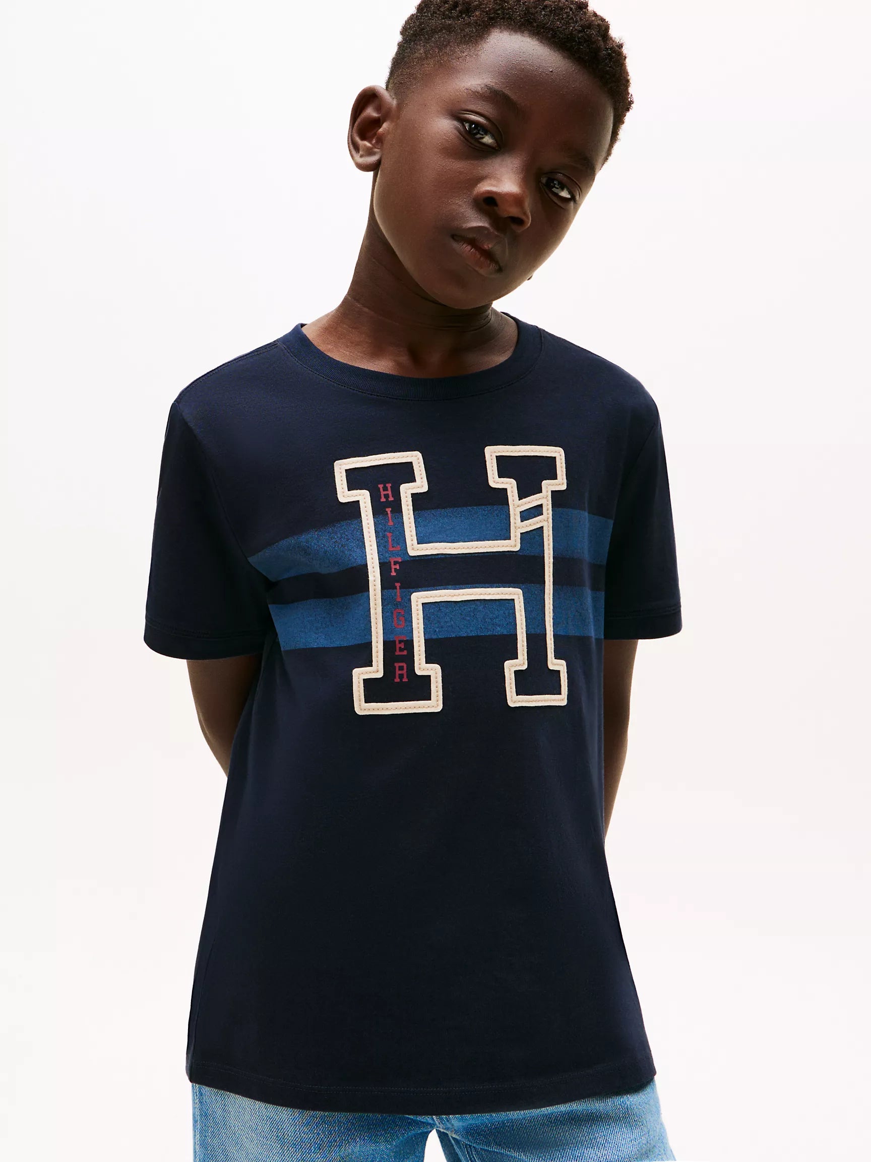Tommy Boys' Hilfiger Stripe H Logo T-Shirt/Navy Blue