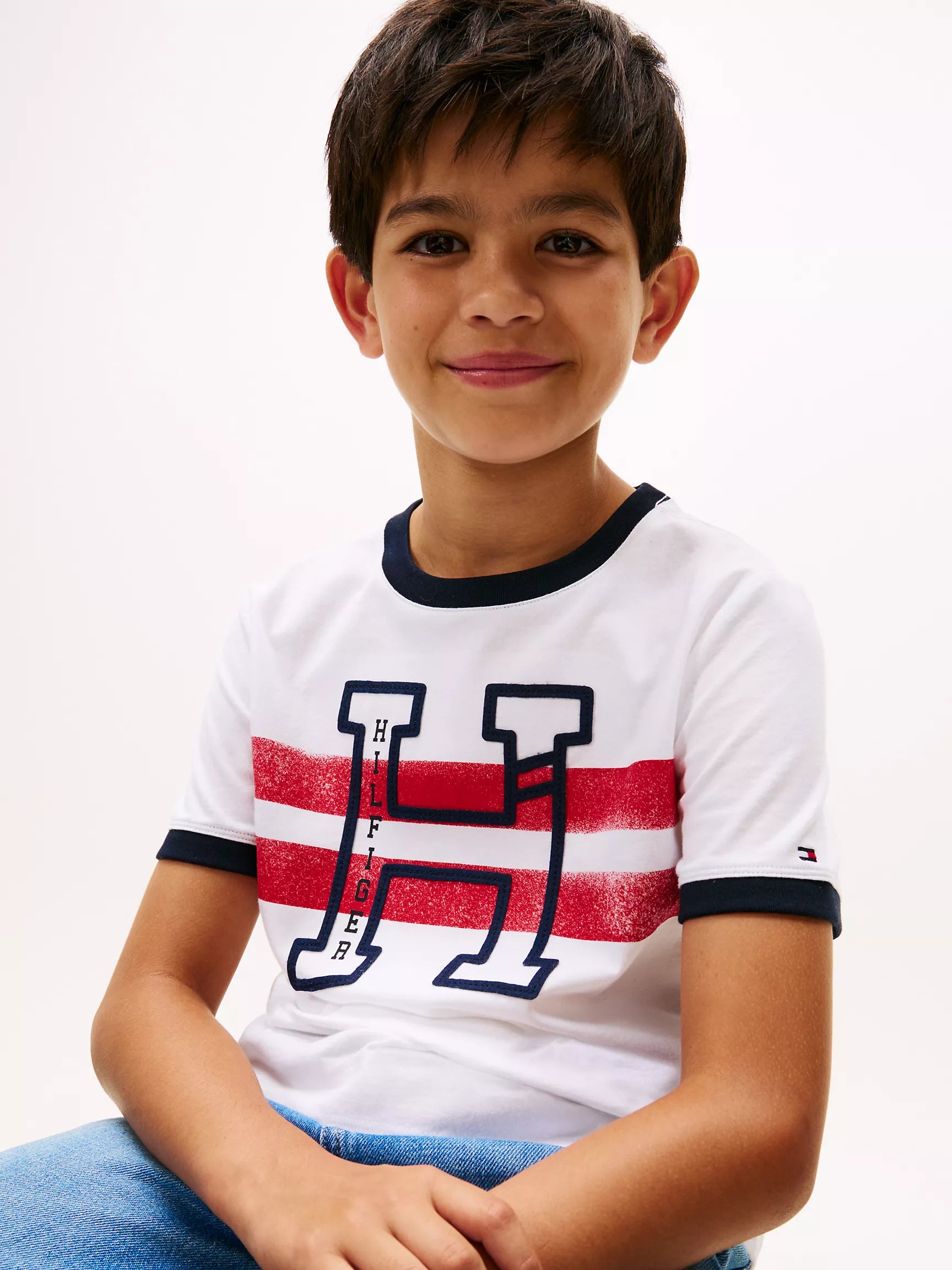 Tommy Boys' Hilfiger Stripe H Logo T-Shirt/Optic White