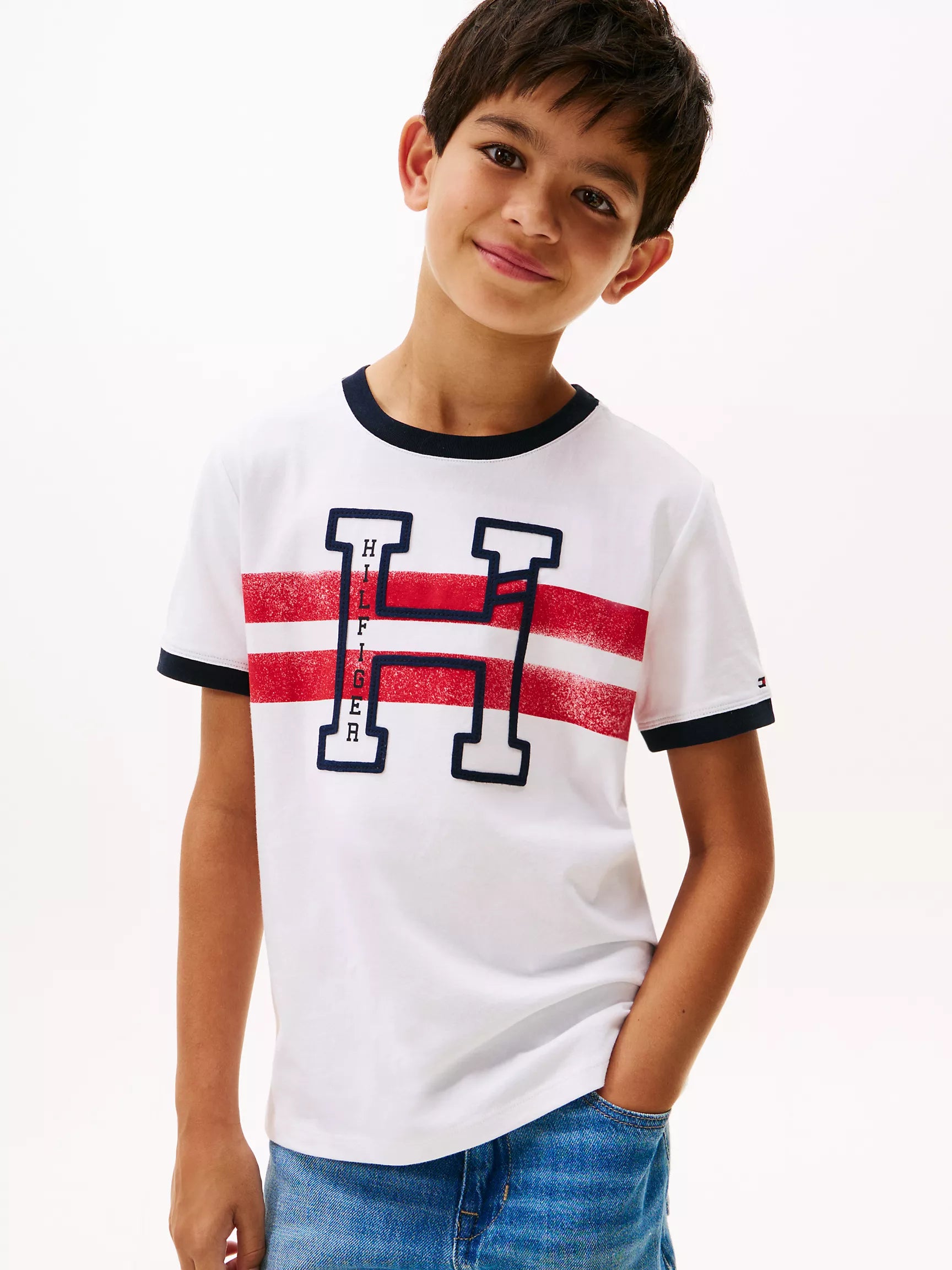 Tommy Boys' Hilfiger Stripe H Logo T-Shirt/Optic White