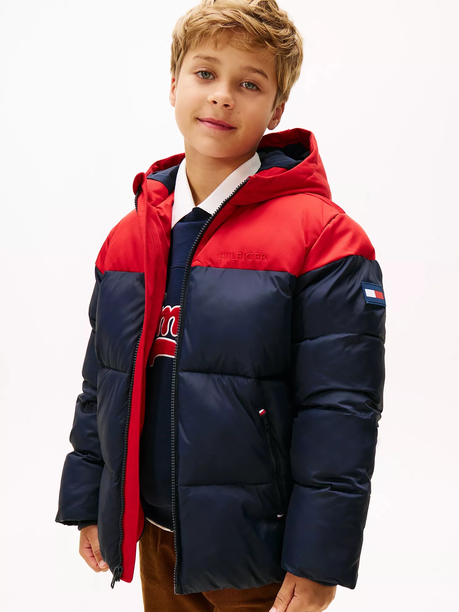 TOMMY Boys' Hooded Colorblock Puffer Jacket Red