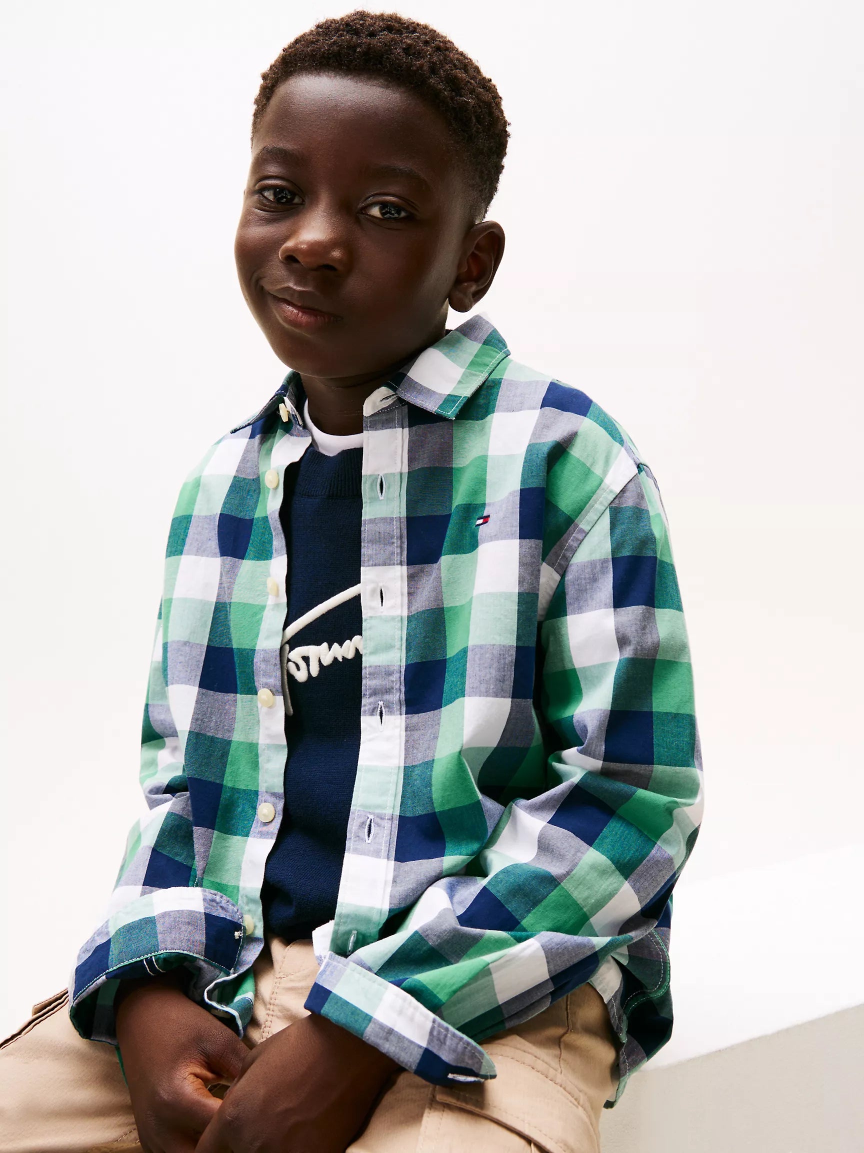 Tommy Boys' Buffalo Check Stretch Shirt/ Academia Green