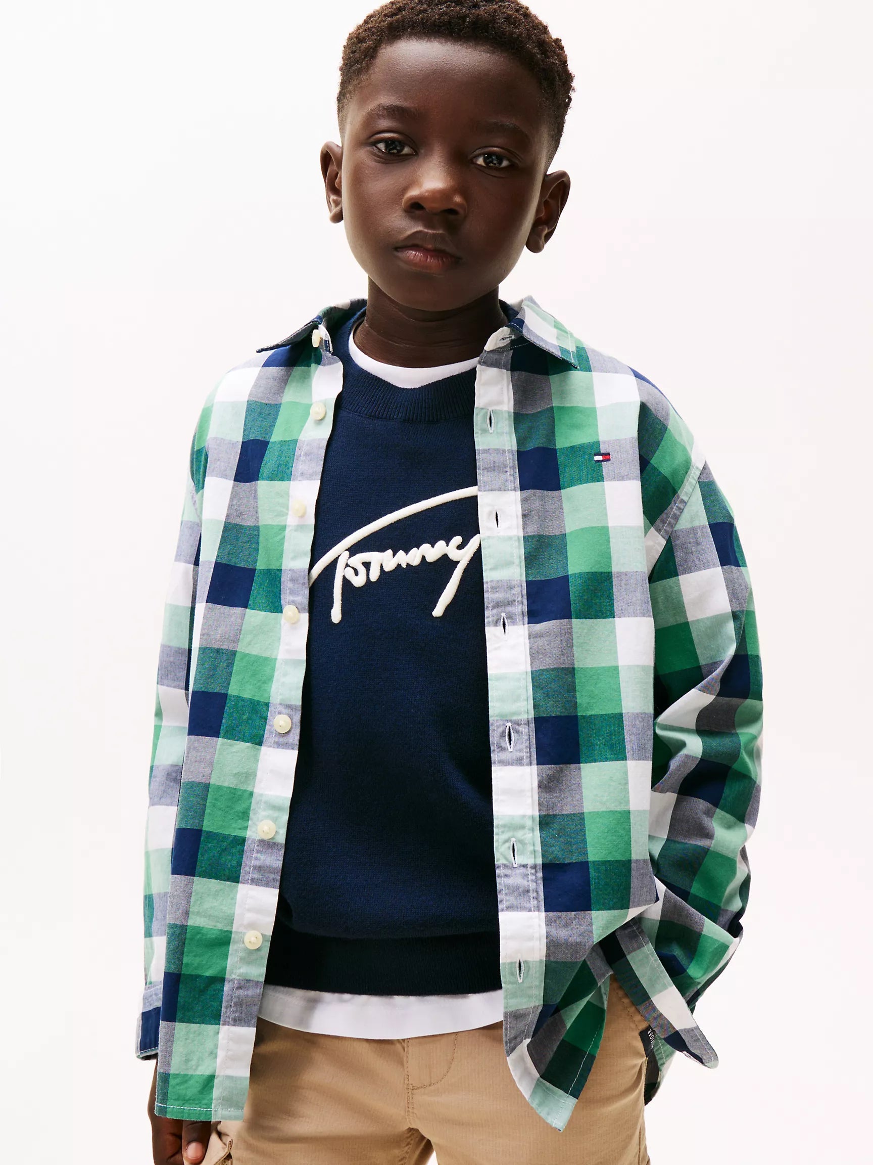 Tommy Boys' Buffalo Check Stretch Shirt/ Academia Green
