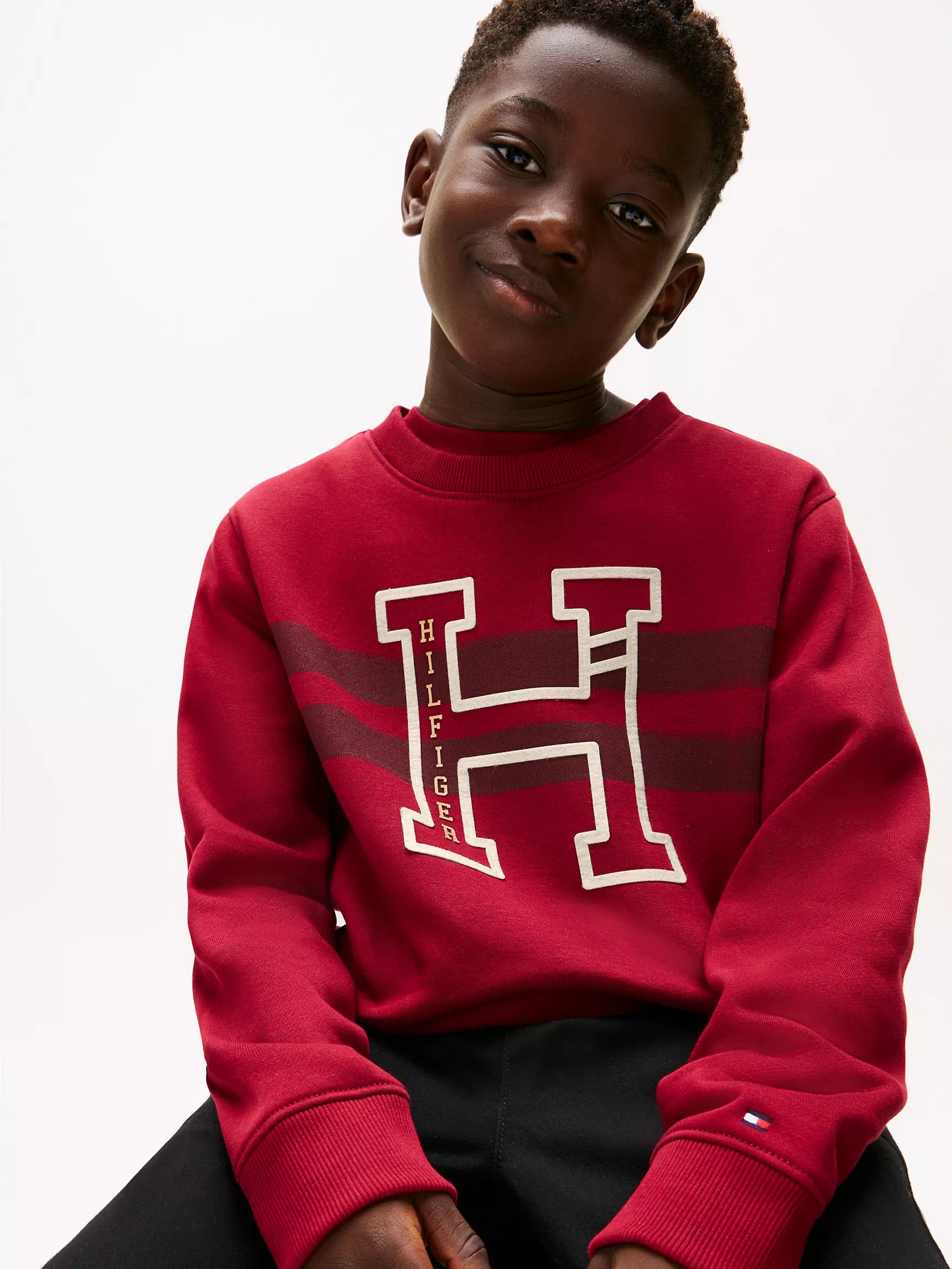 Boys' Tommy  H Logo Stripe Sweatshirt/ Rouge