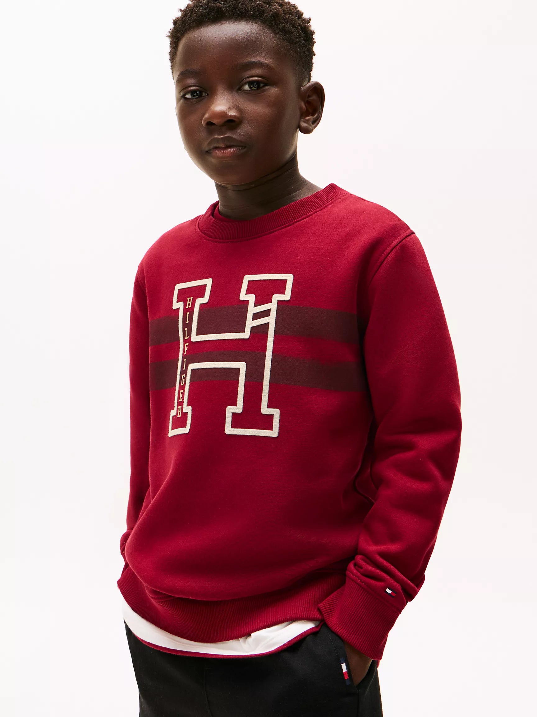 Boys' Tommy  H Logo Stripe Sweatshirt/ Rouge