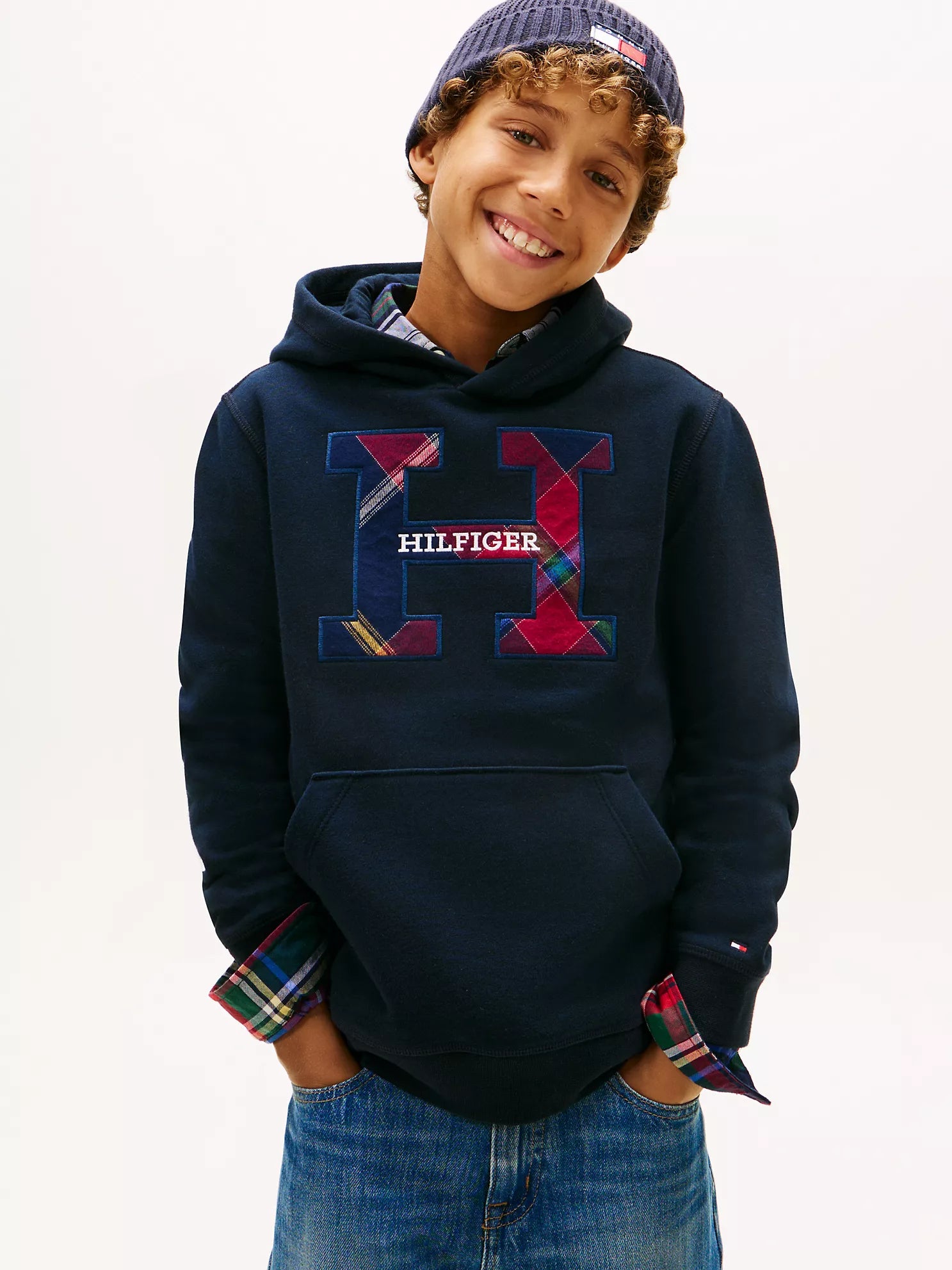TOMMY Boys' Plaid Logo Pullover Hoodie Navy
