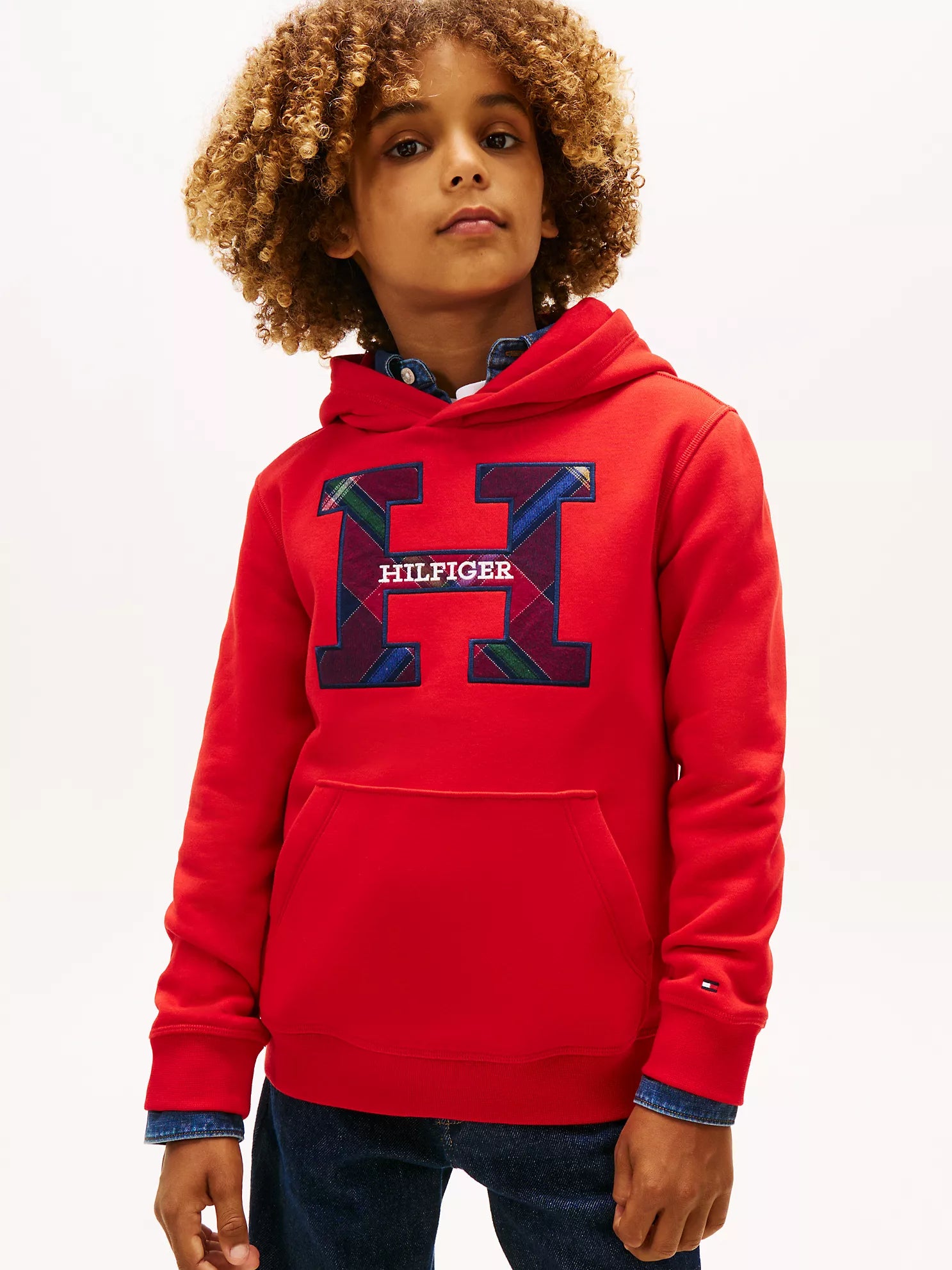 TOMMY Boys' Plaid Logo Pullover Hoodie Deep Crimson