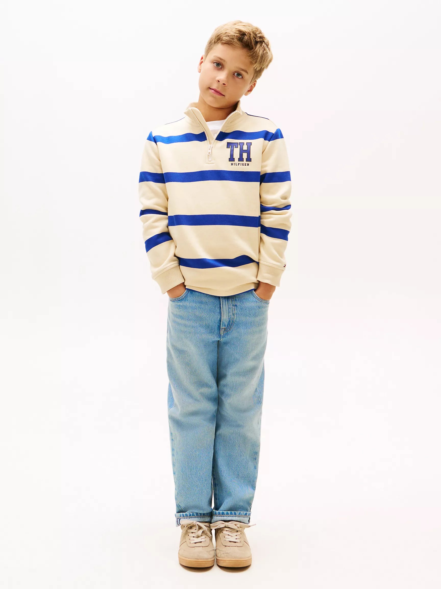 BOY Tommy Logo Stripe Quarter-Zip Sweatshirt Country Ivory