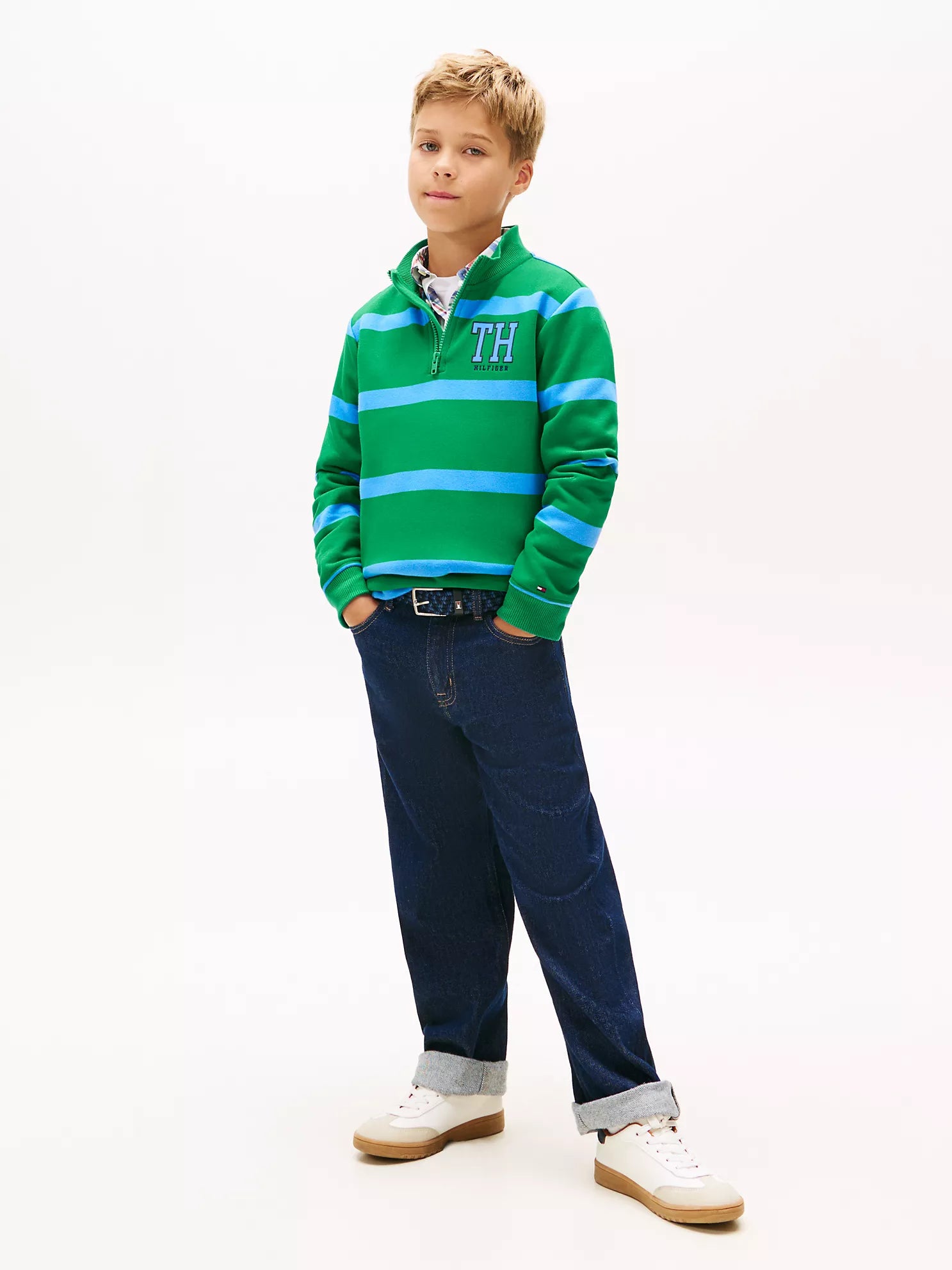 BOY Tommy Logo Stripe Quarter-Zip Sweatshirt Olympic Green