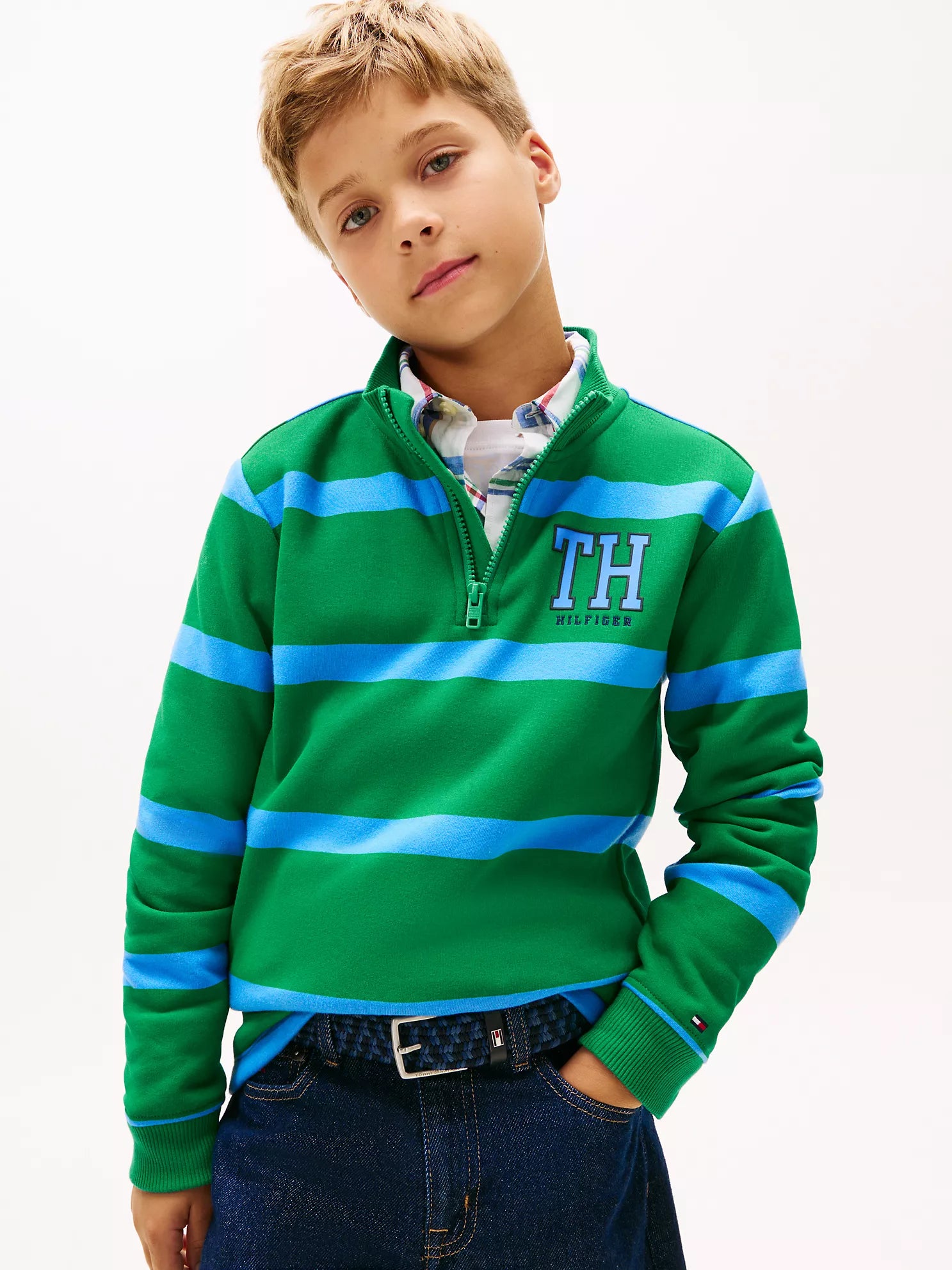 BOY Tommy Logo Stripe Quarter-Zip Sweatshirt Olympic Green