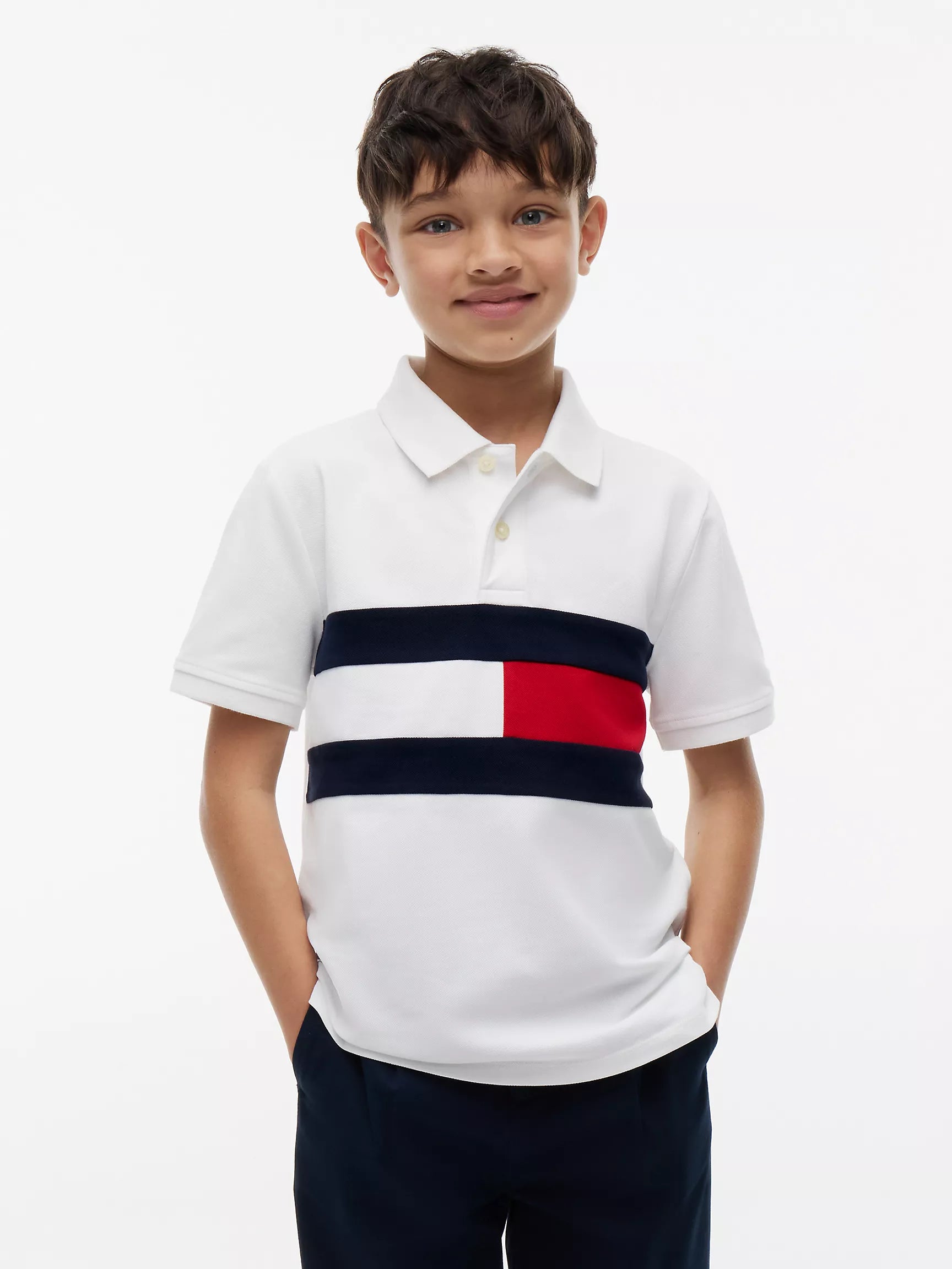 Tommy Kids' Colorblock Flag Stretch Polo-Optic White
