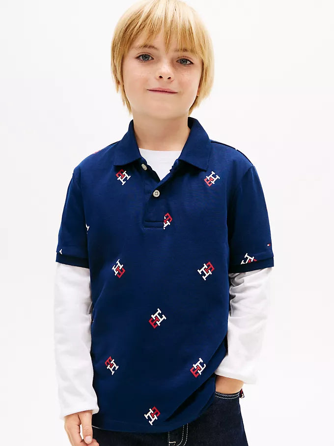 Kids' Allover Monogram Logo Stretch Polo-Navy Carbon