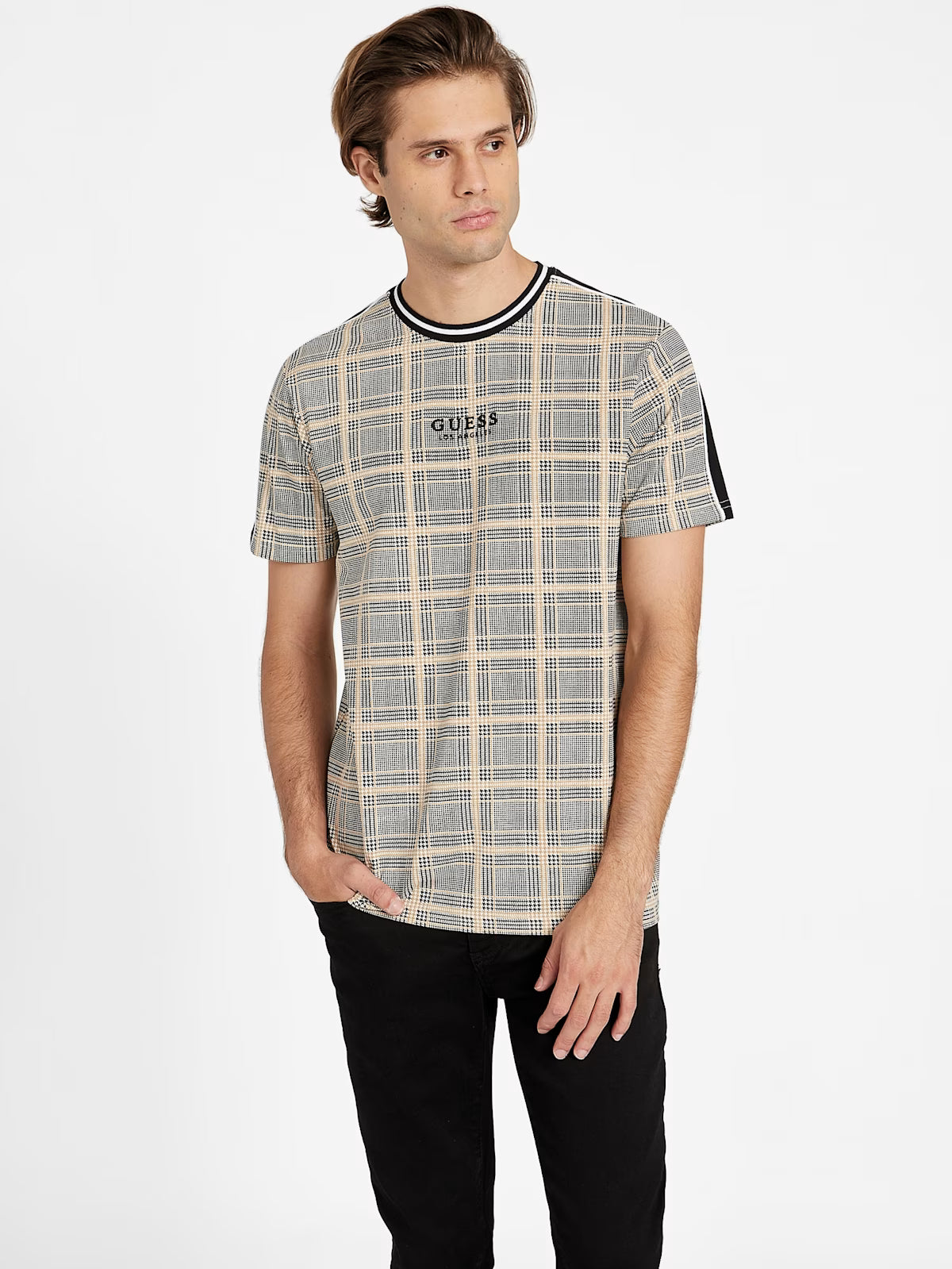 GUESS MENS' Manny Plaid Crewneck Tee