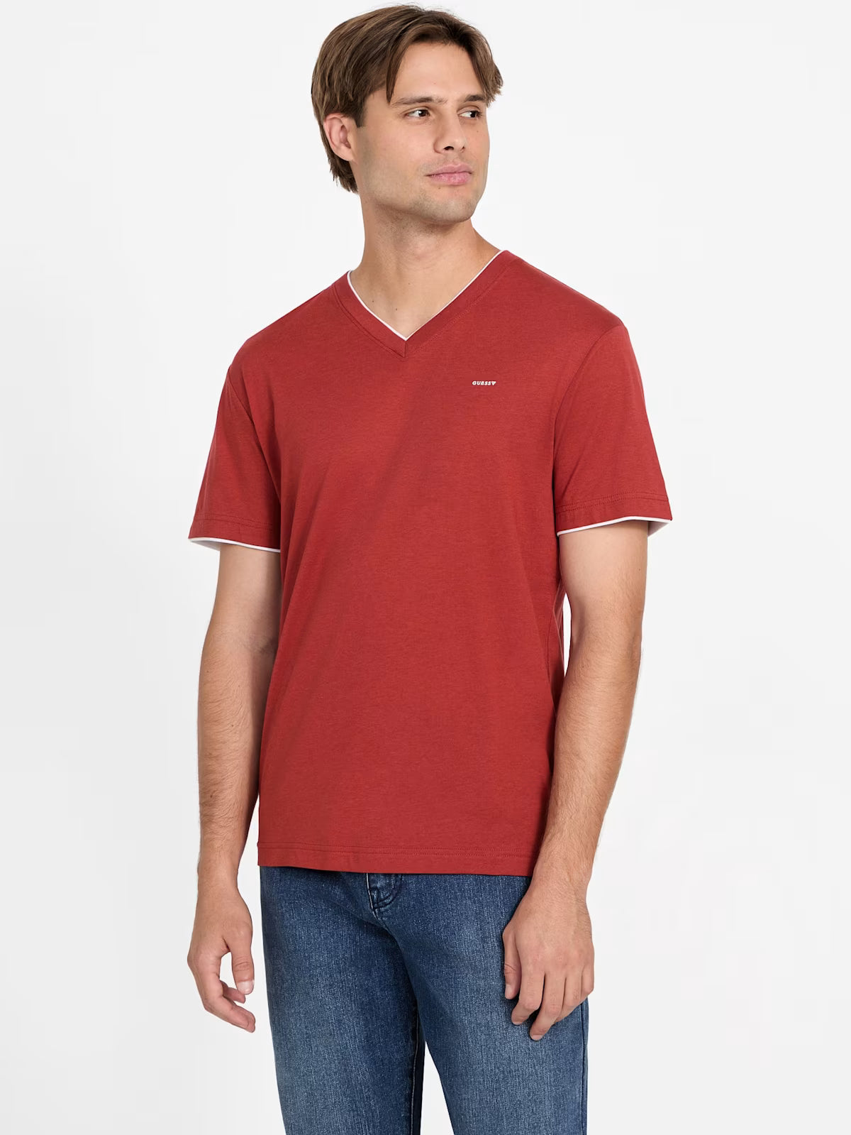 GUESS MENS' Armin V-Neck Tee/ RED