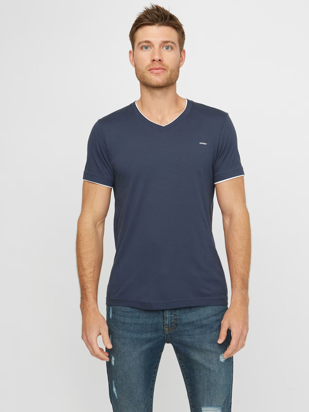 GUESS MENS' Armin V-Neck Tee/ DARK BLUE