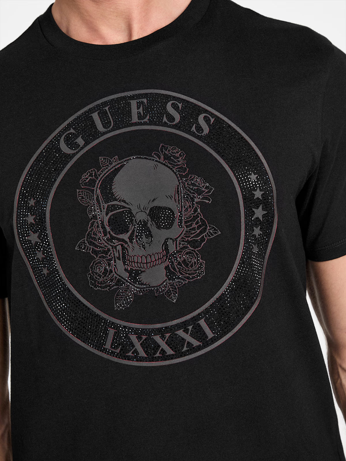 Guess Mens' Vello Rhinestone Skull Tee  BLACK