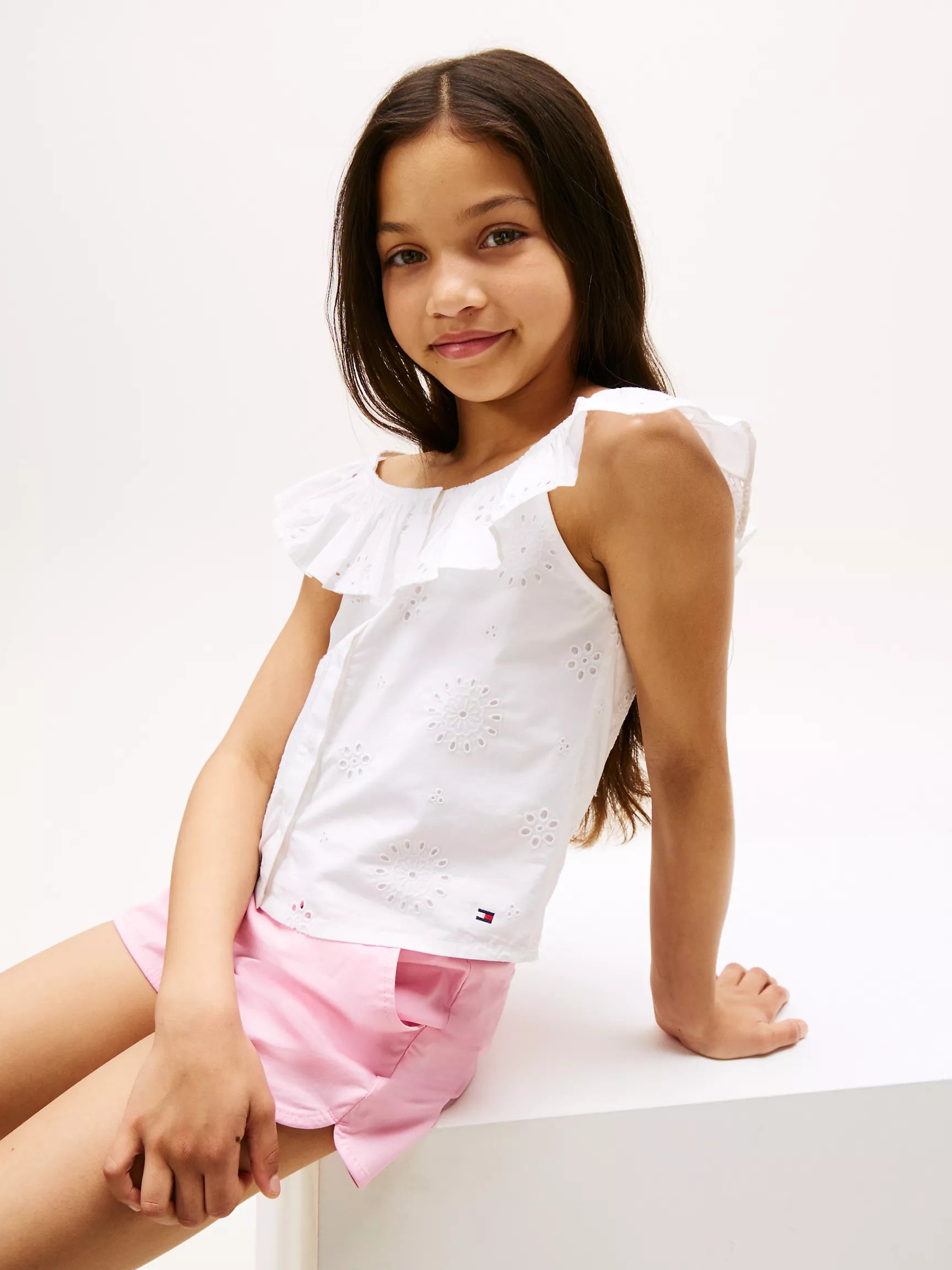 Girls' Tommy Embroidered Eyelet Ruffle Top