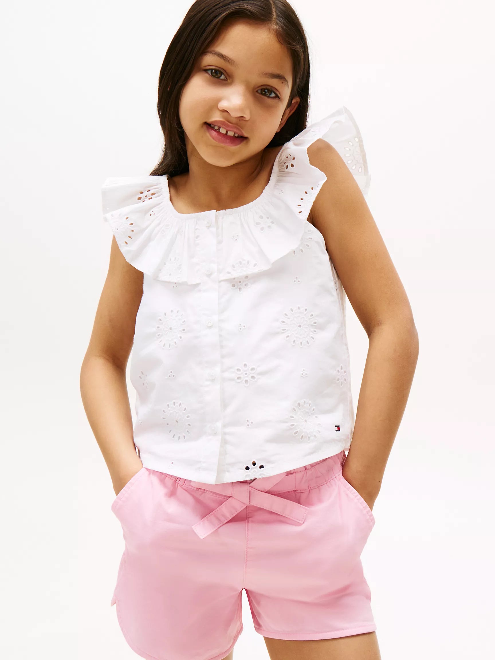 Girls' Tommy Embroidered Eyelet Ruffle Top