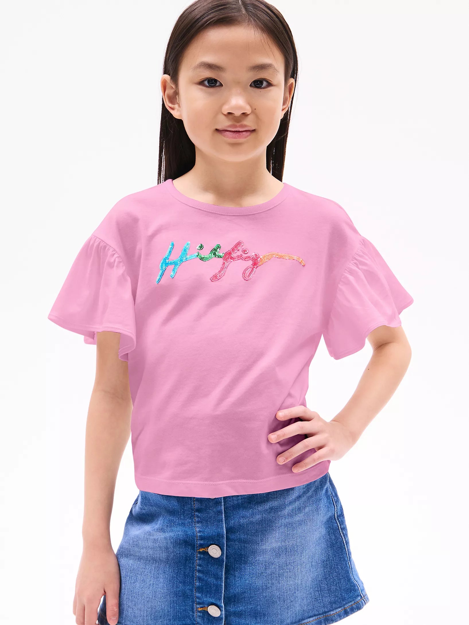 Tommy Girls' Flutter-Sleeve Sequin Logo T-Shirt