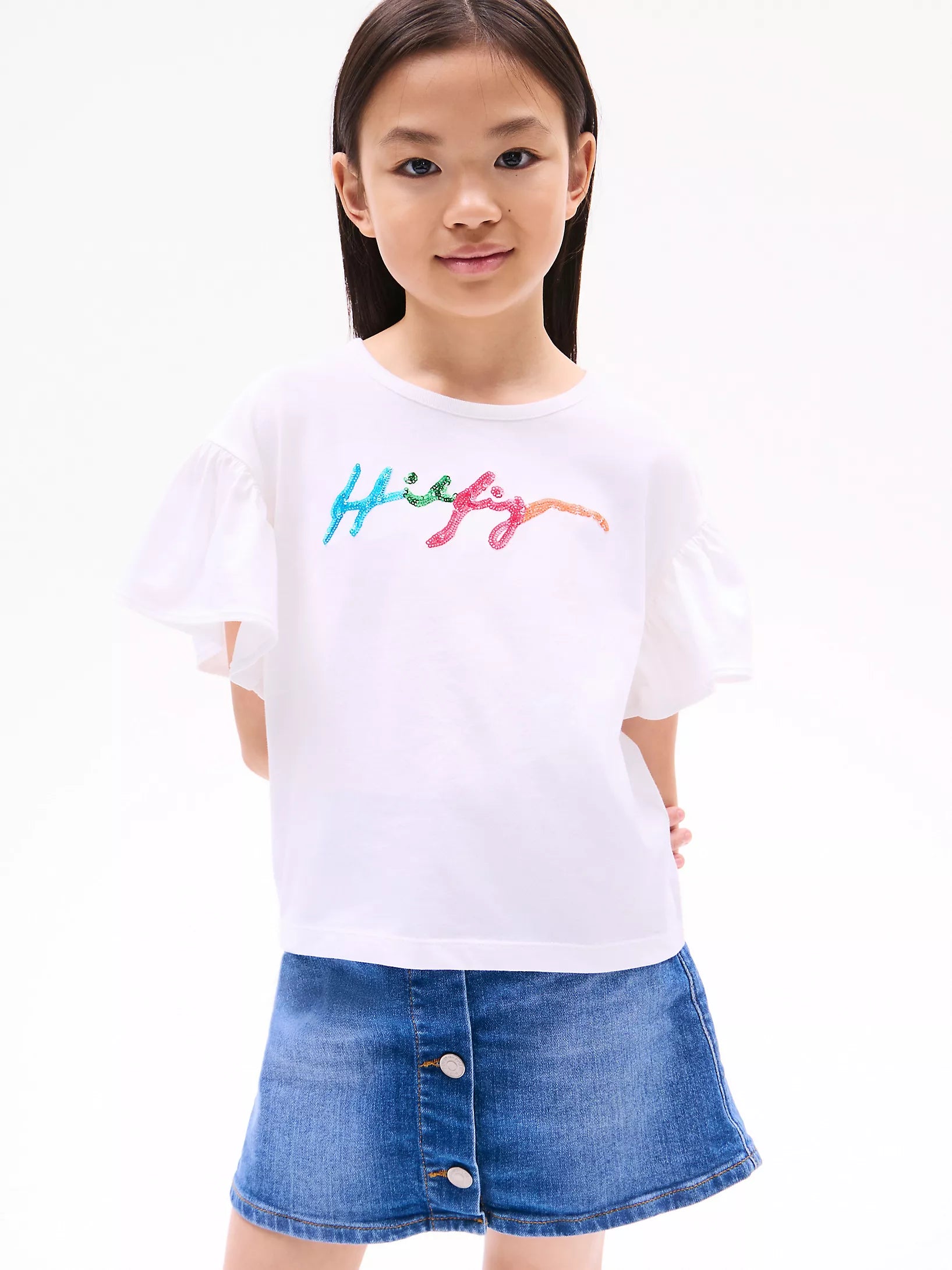 Tommy Girls' Flutter-Sleeve Sequin Logo T-Shirt/ white