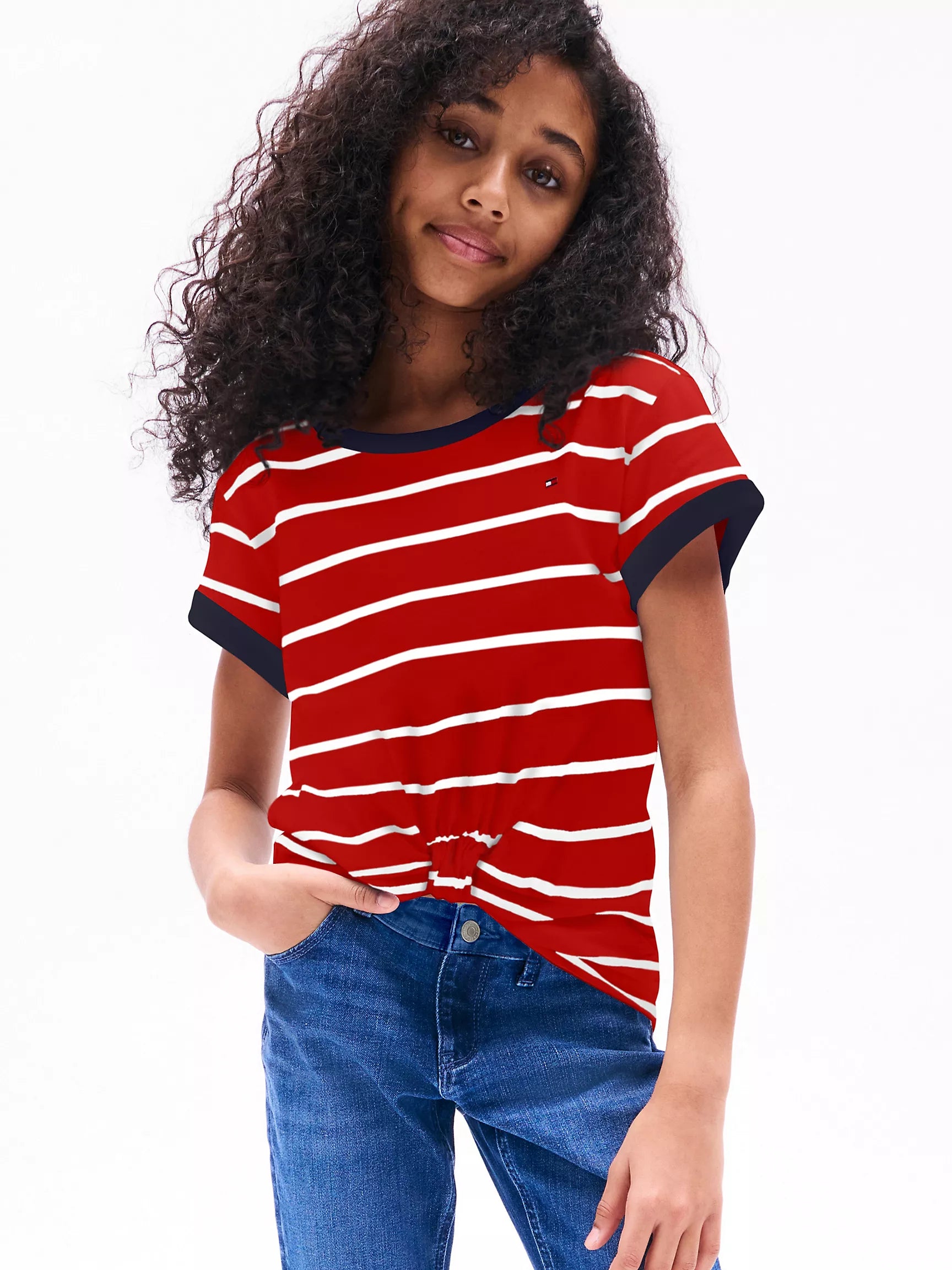 Tommy Girls' Stripe Knot-Hem T-Shirt / Primary Red