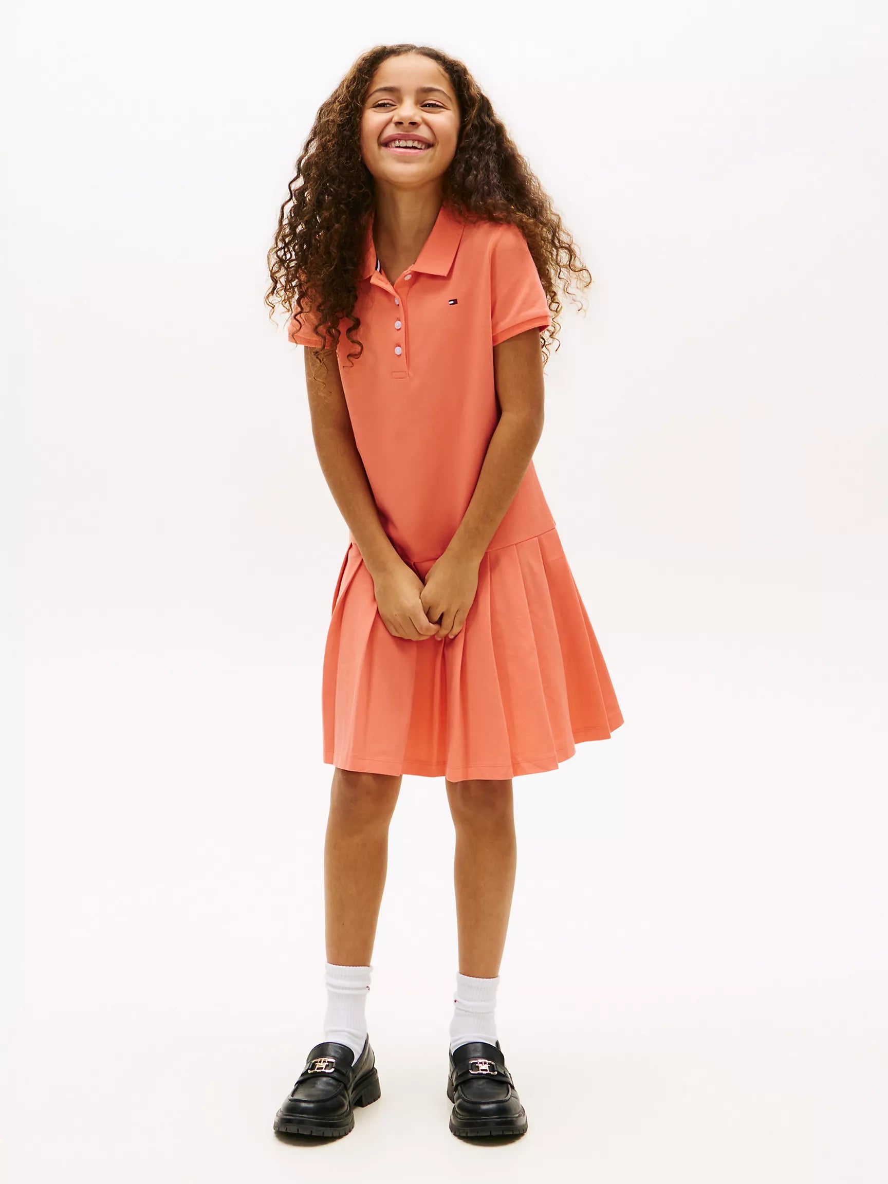 Kids' Pleated Stretch Polo Dress-Sweet Nectarine