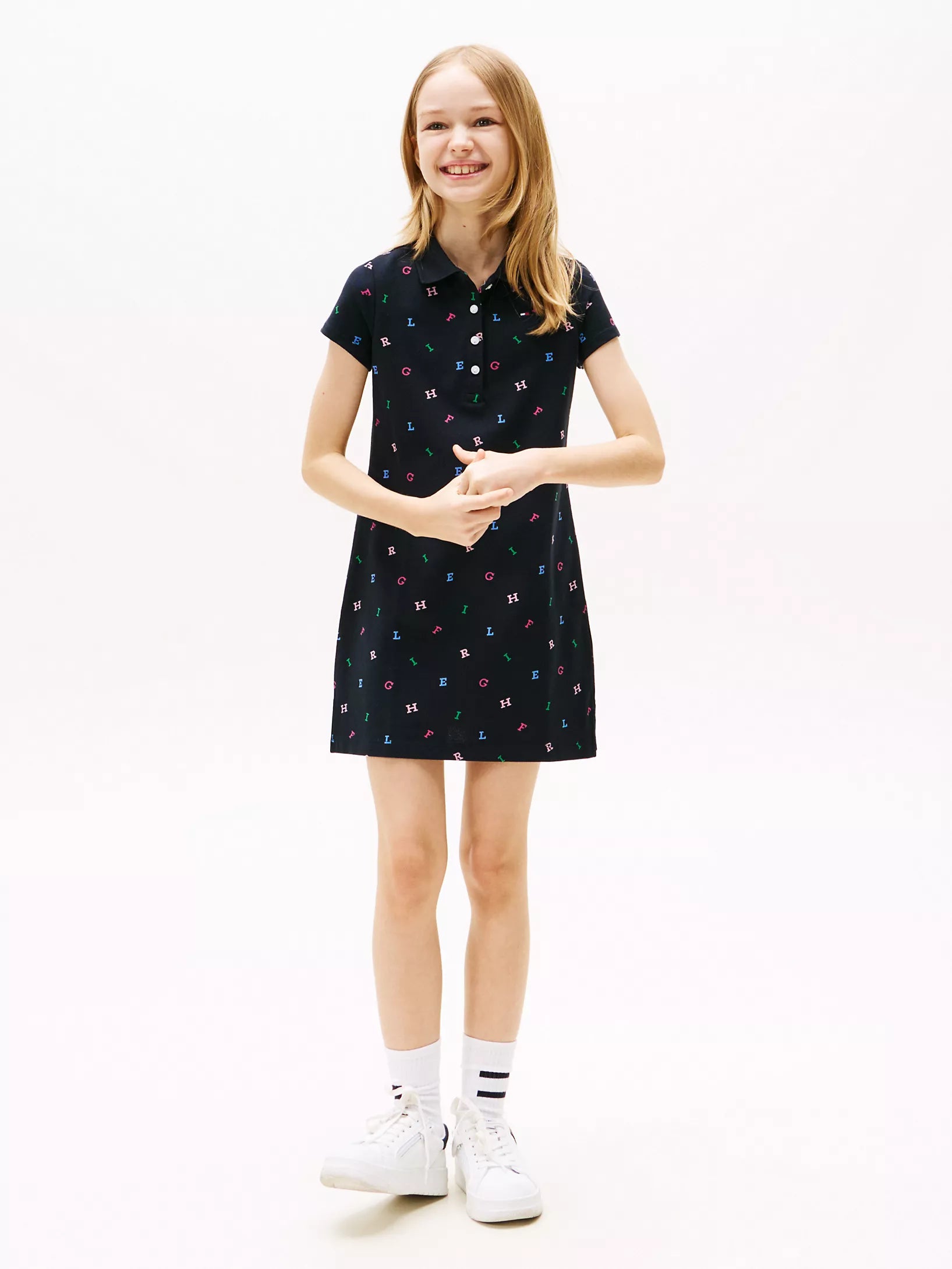 Tommy Girls' Allover Logo Letter Polo Dress / Navy