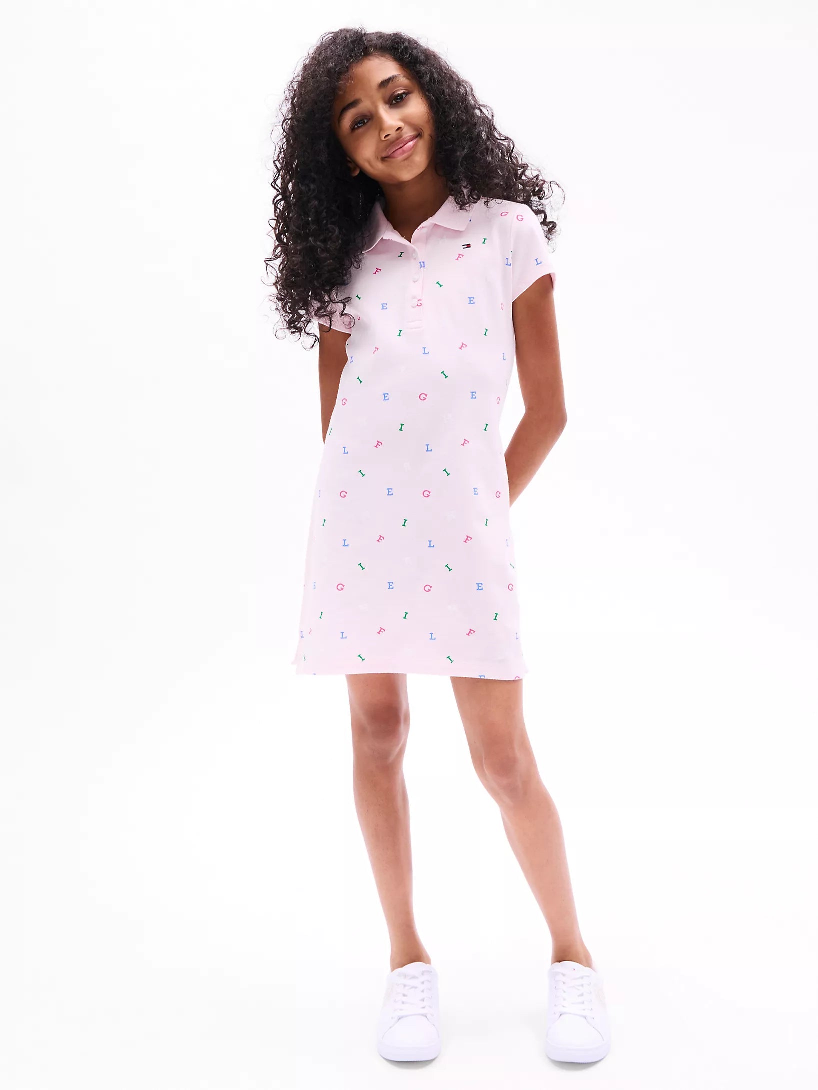 Tommy Girls' Allover Logo Letter Polo Dress/ pink