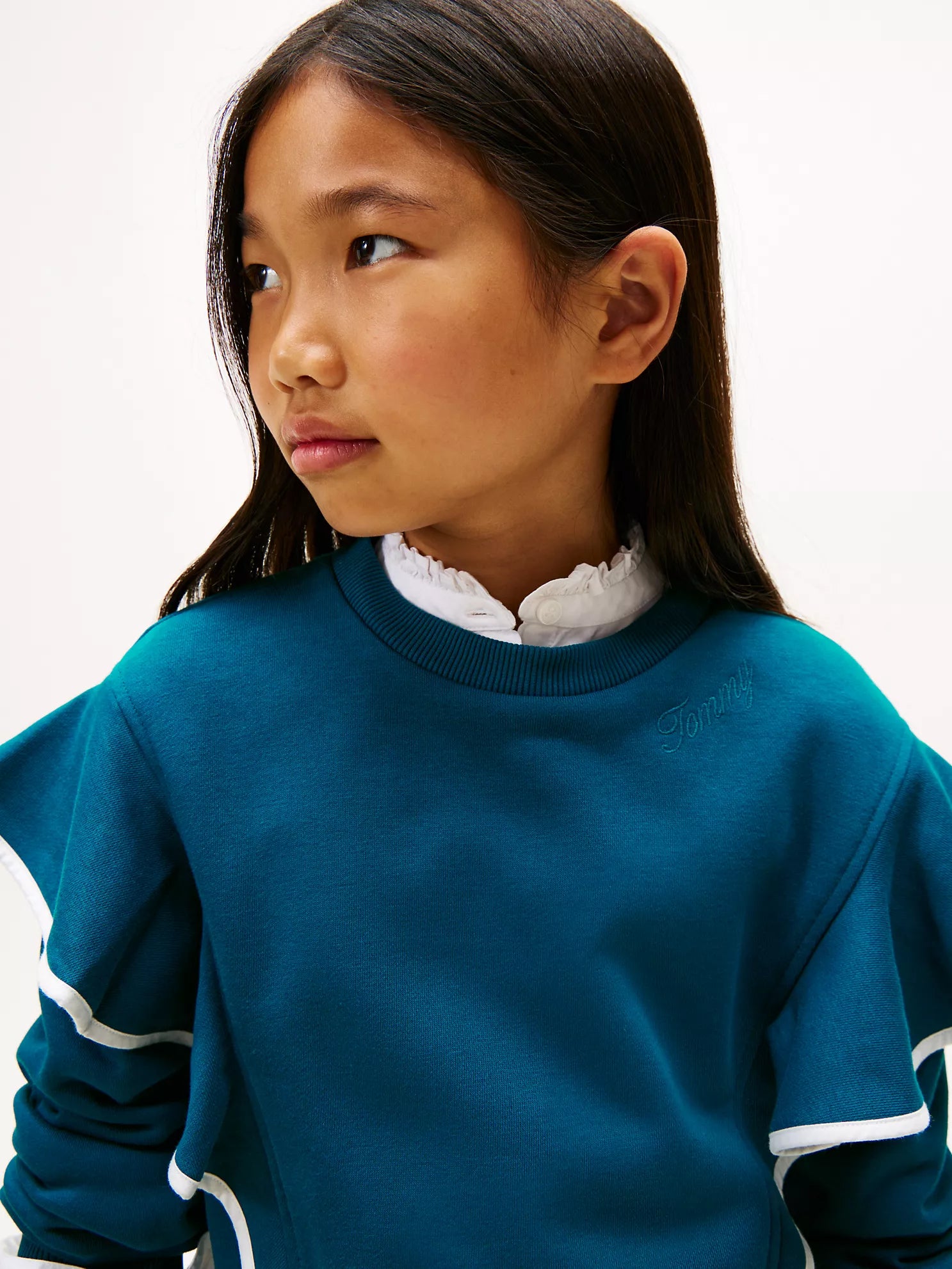 TOMMY Girls Ruffle Trim Fleece Sweatshirt Midnight Turquoise