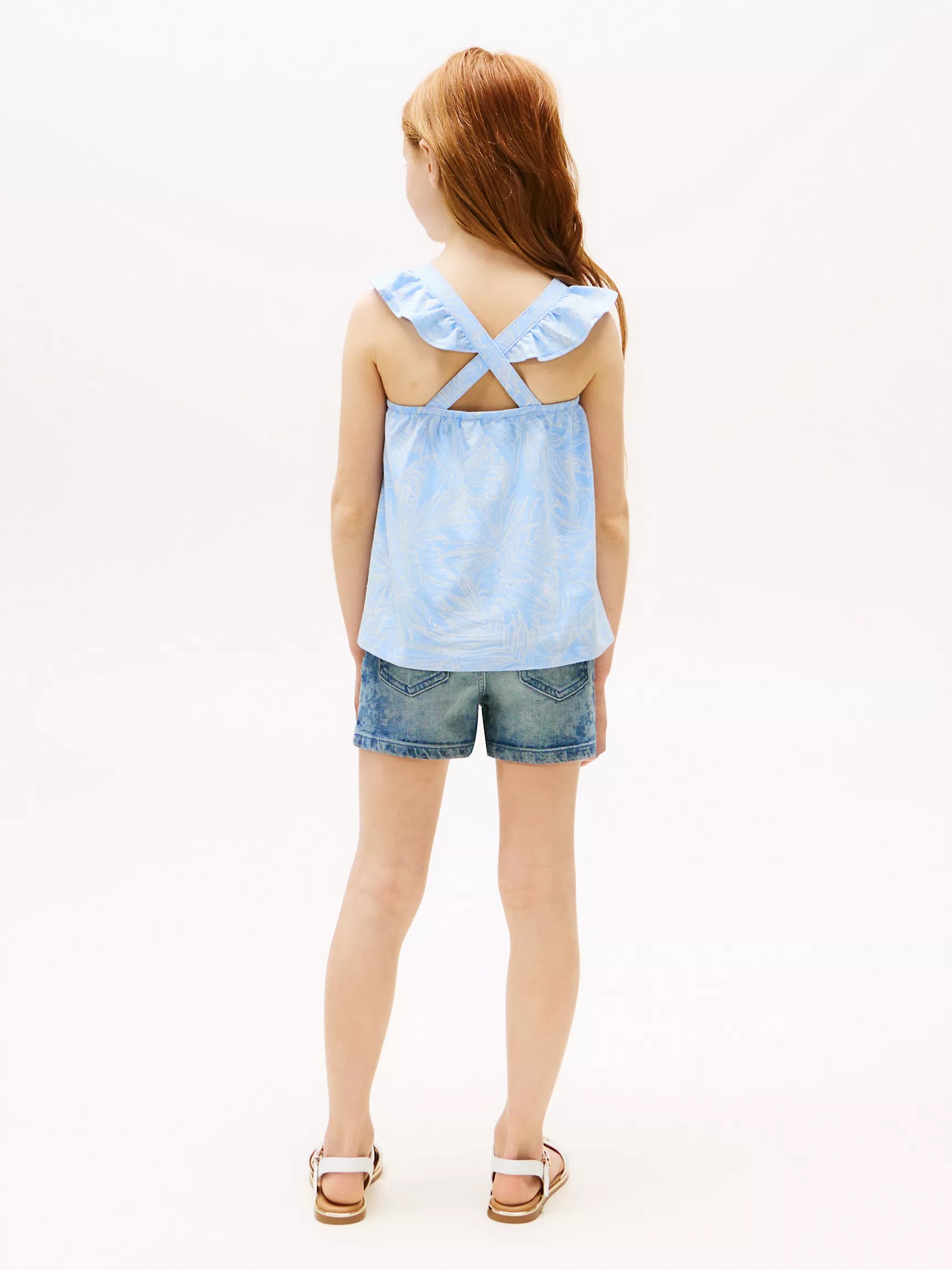 Girls' Tommy Tropical Print Ruffle Tank Top/Vessel Blue