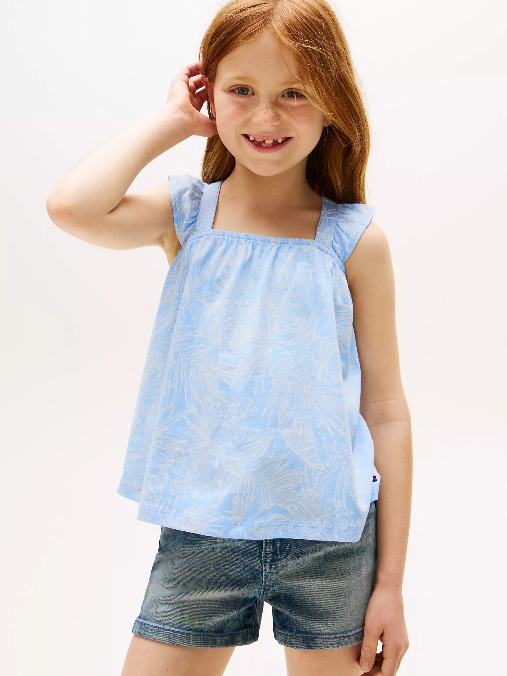 Girls' Tommy Tropical Print Ruffle Tank Top/Vessel Blue